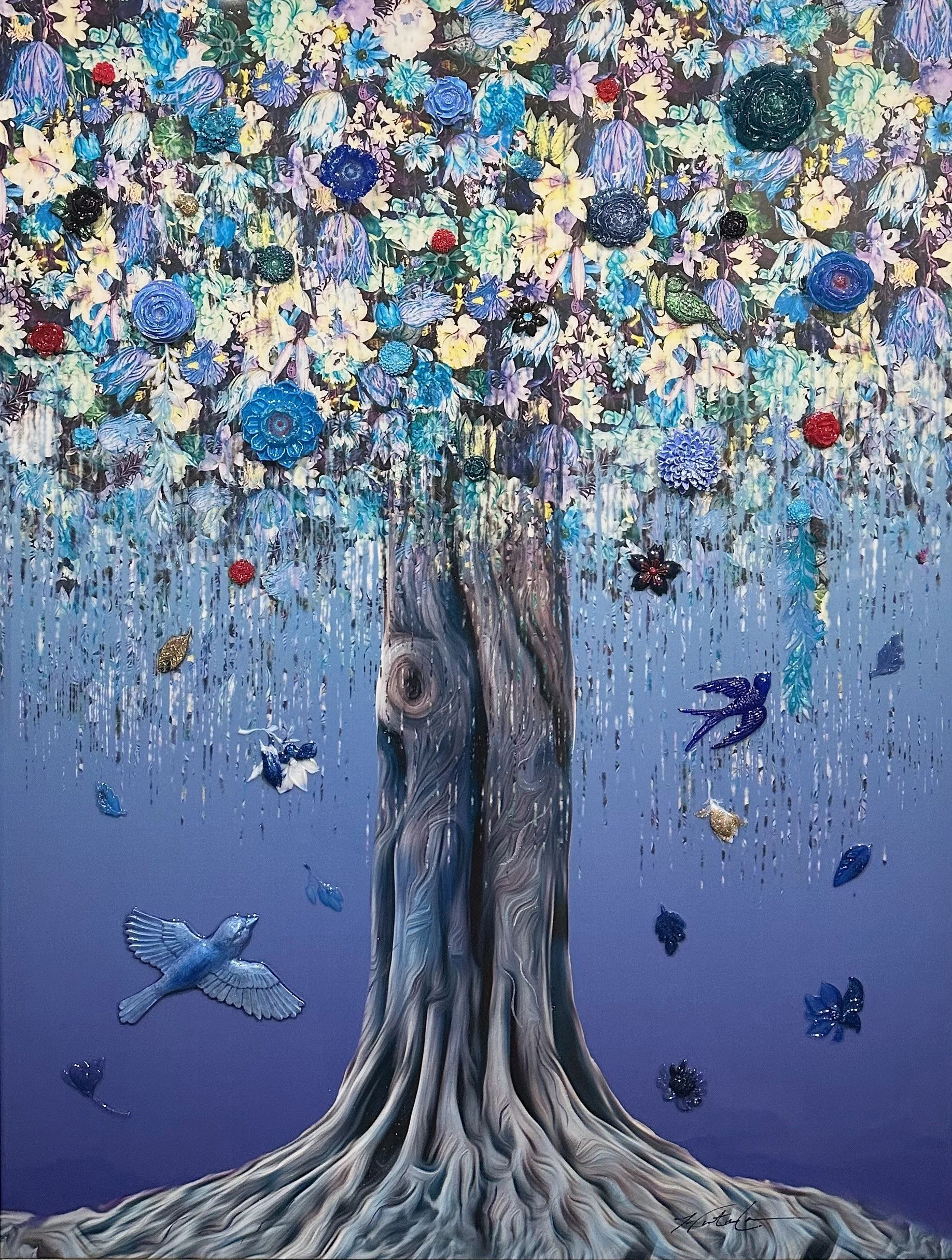 A continuation of the Blue Willow vision, this 48x36x1.5" canvas layers metallic shimmer over oceanic blues, reflecting emotion and calm. The piece captures the flow of life and balance through Hunter Connor’s modern pop-art lens.