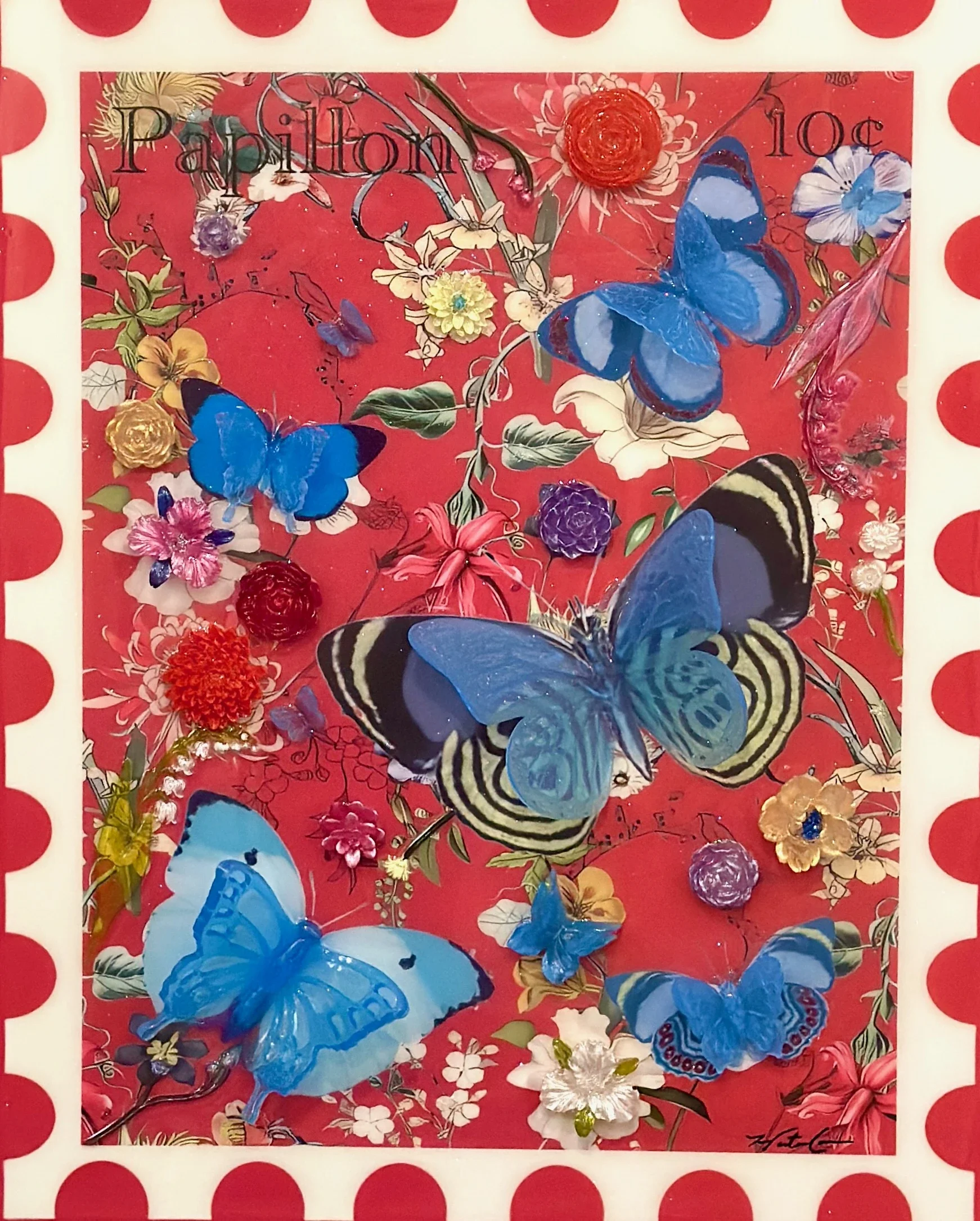 Priceless Papillon is a 24 × 30-inch original mixed-media and resin artwork by Dallas-based contemporary artist Hunter Connor. Layered butterflies, vibrant color, collage details and luminous resin transform symbols of change into an uplifting contem