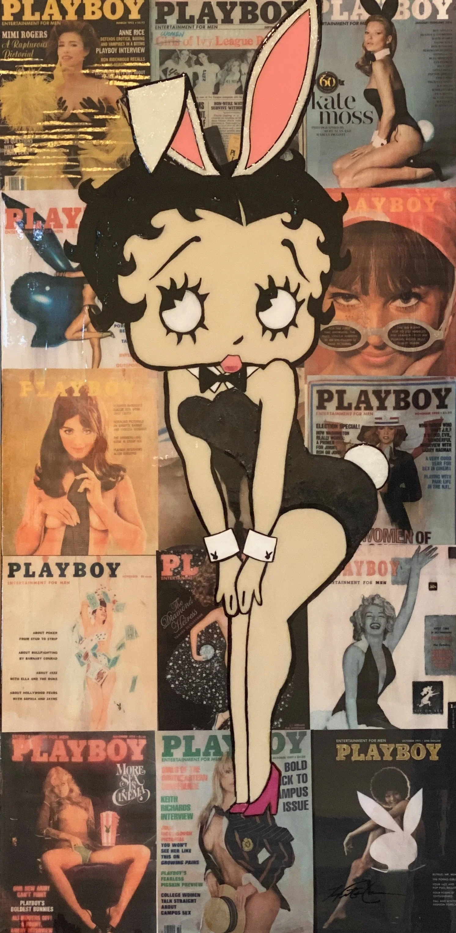 Betty’s Playhouse — 40 × 30 inches. Inspired by Betty Boop, the pioneering animated icon whose style and independence have endured for generations, this original mixed-media artwork layers glamour, mischief and vintage cultural imagery into a bold co
