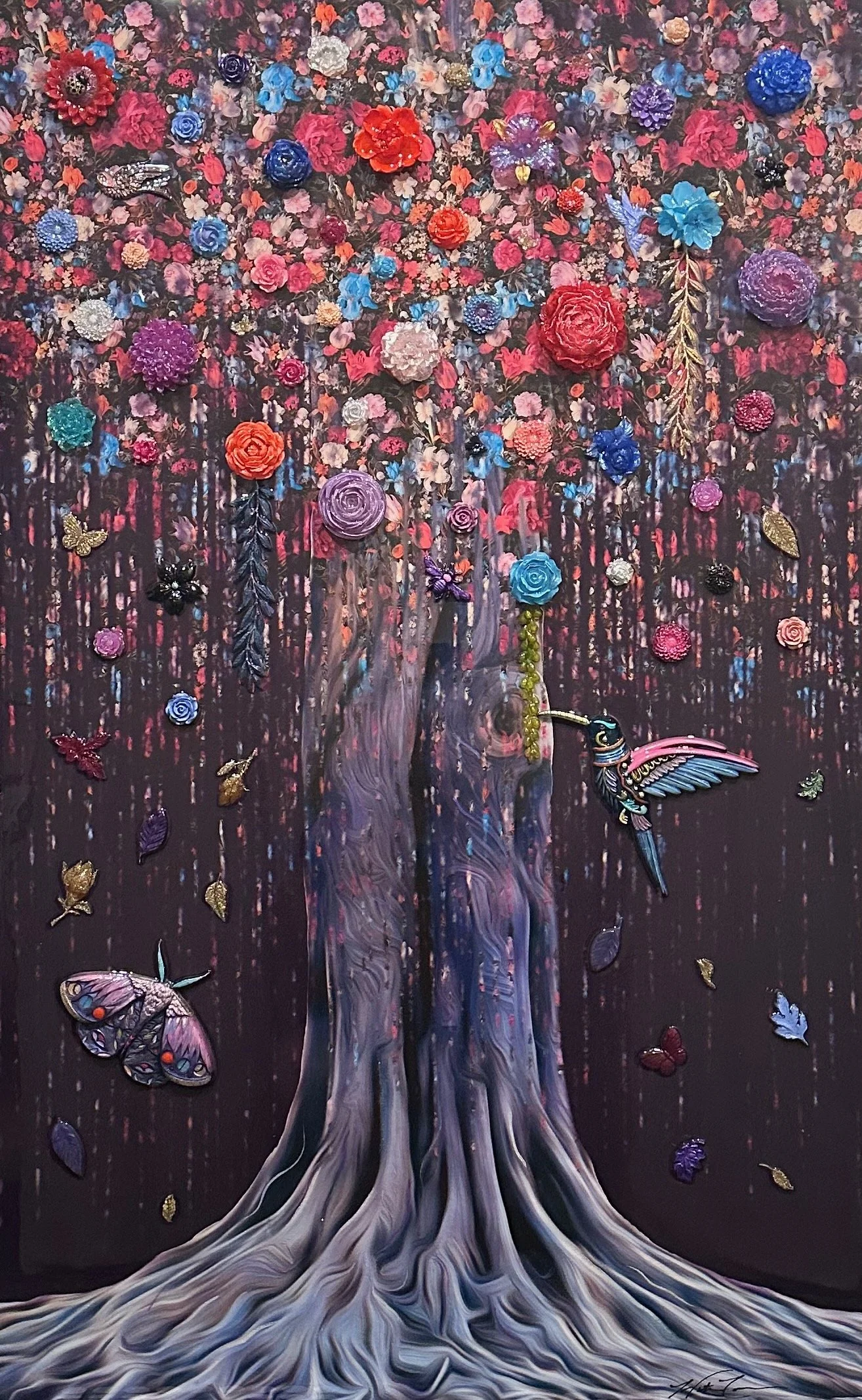 A 48x30x1.5" vertical acrylic painting that evokes peace, balance, and spiritual renewal. The tree’s cascading colors and luminous details make “Sanctuary” a meditative centerpiece for any modern art collection.