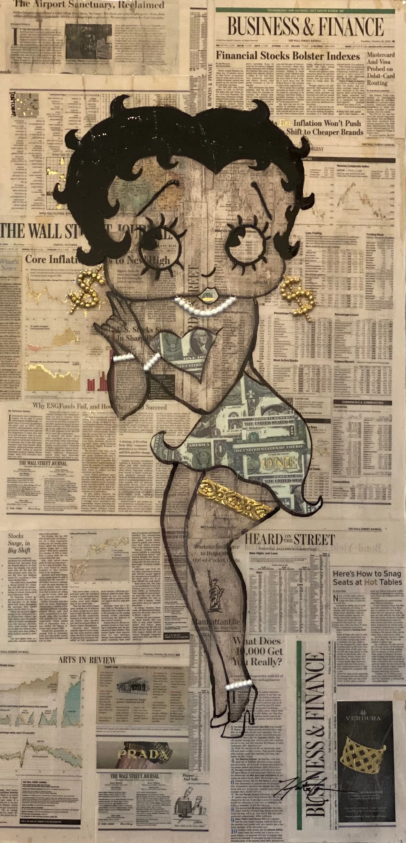 Money Talks — 40 × 30 inches. Inspired by Betty Boop, one of animation’s earliest and most recognizable female icons, this mixed-media pop artwork places her against vintage financial news and currency imagery. Hunter Connor uses fashion details, lay