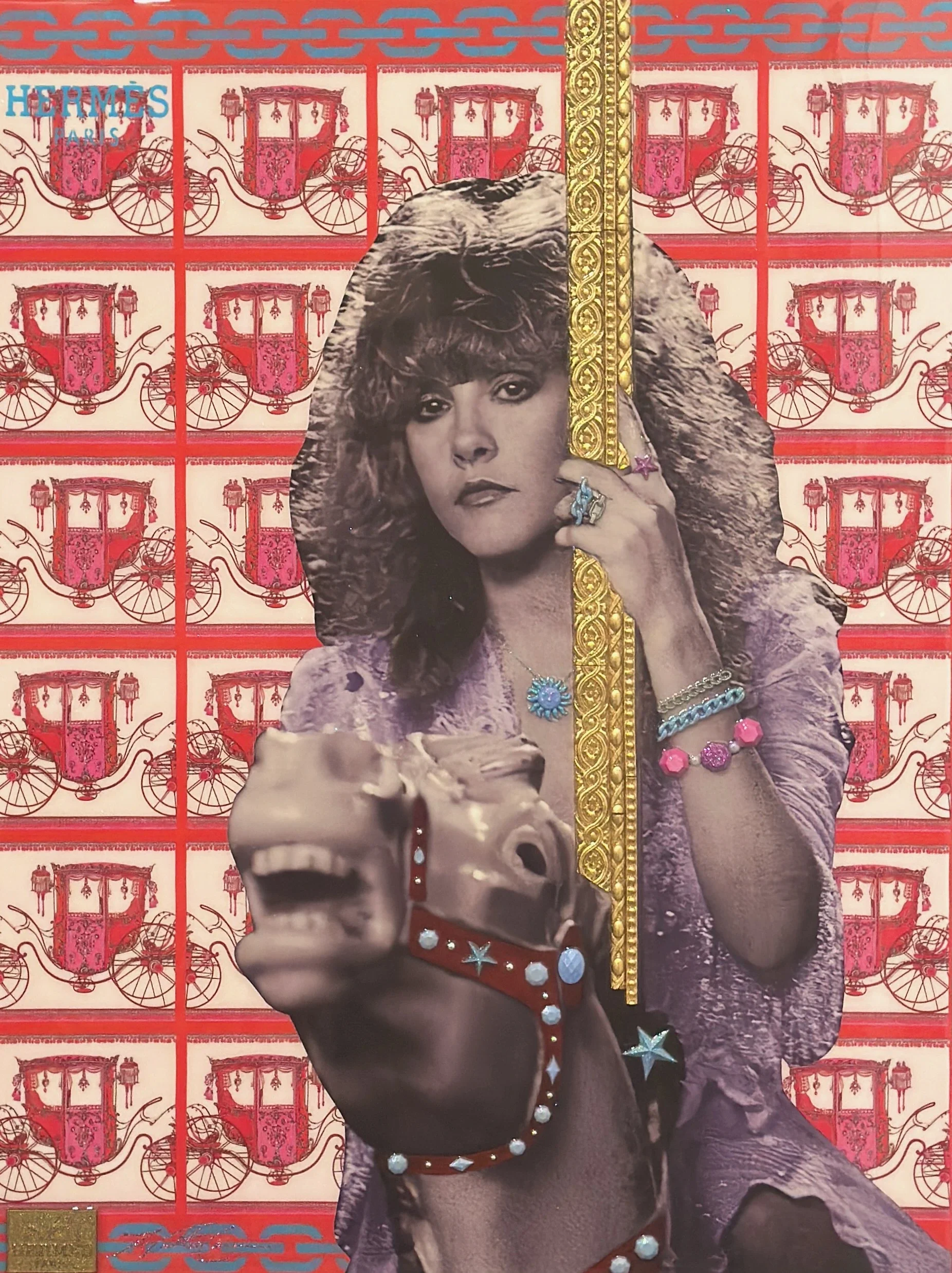 Stevie Go Round is a 40 × 30-inch original mixed-media portrait celebrating Stevie Nicks, the iconic Fleetwood Mac vocalist and two-time Rock & Roll Hall of Fame inductee. Hunter Connor layers rich red tones, vintage textures and flowing movement to 