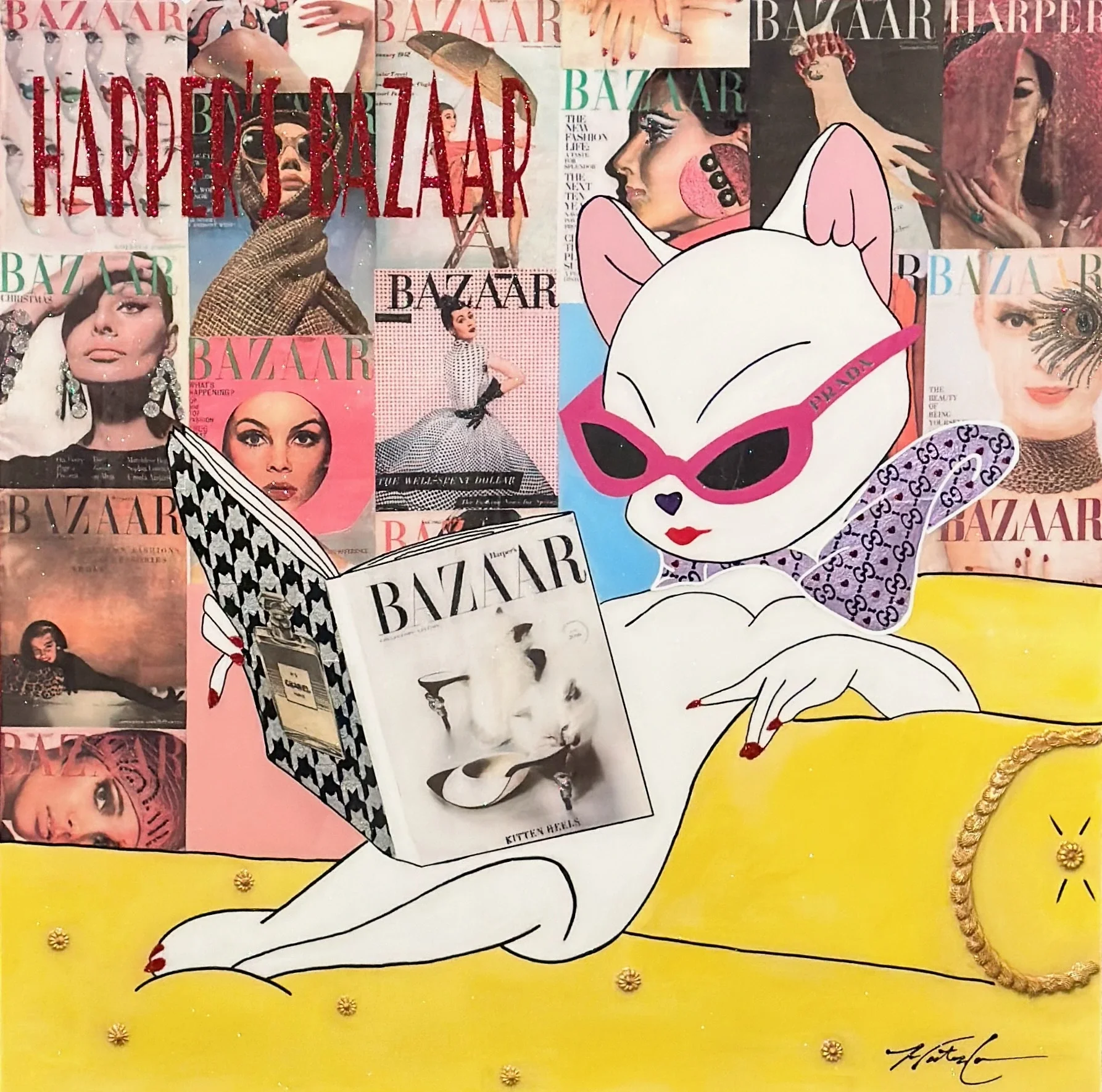 Kitten Heels — 30 × 20 inches. This playful mixed-media pop artwork combines a fashionable feline character with high heels, layered textures and feminine style. Hunter Connor turns cartoon nostalgia and couture imagery into colorful contemporary wal
