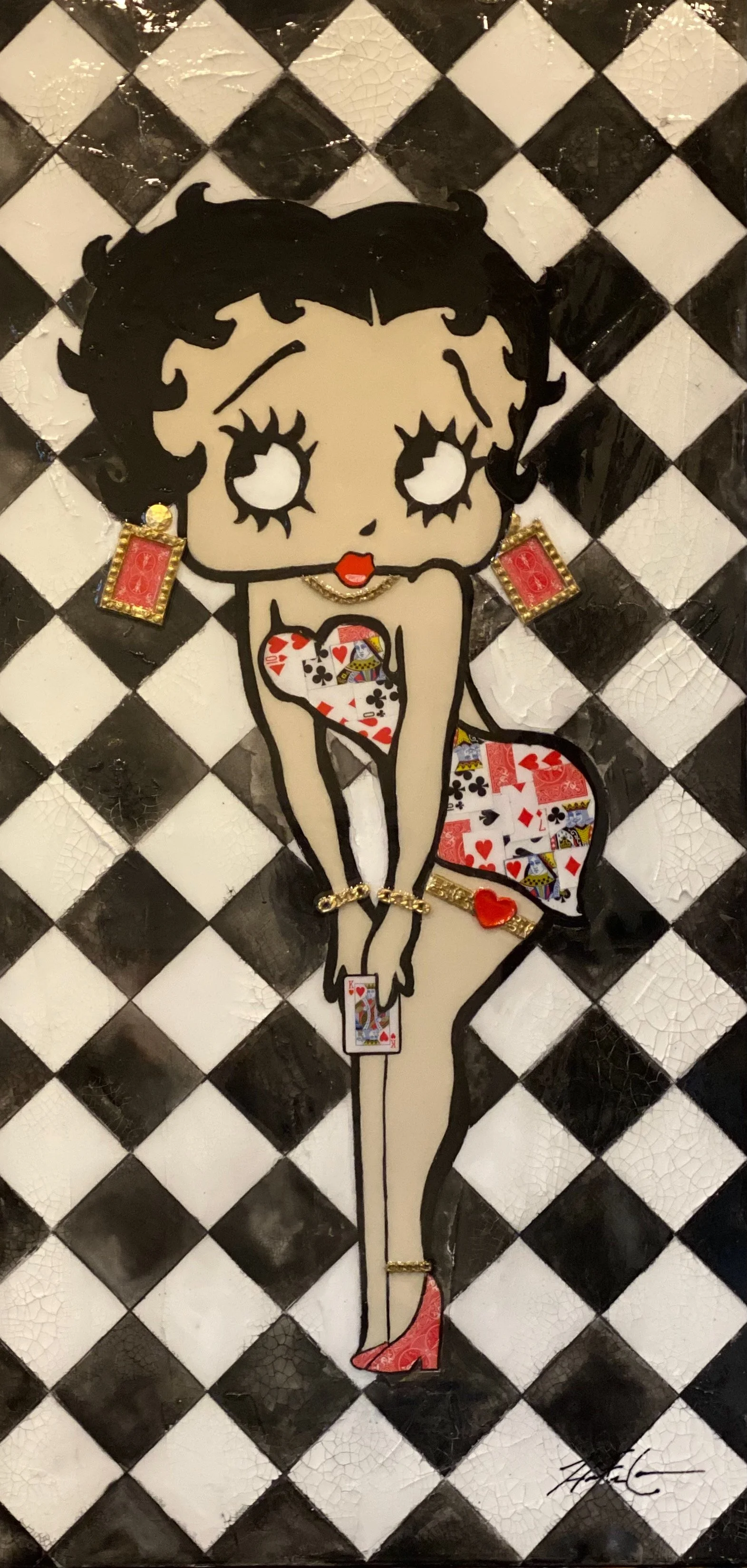Play Your Cards Right — 48x24x1.5 in, 2023 — A stylized modern art piece blending pop culture, bold visuals, and nostalgic themes.