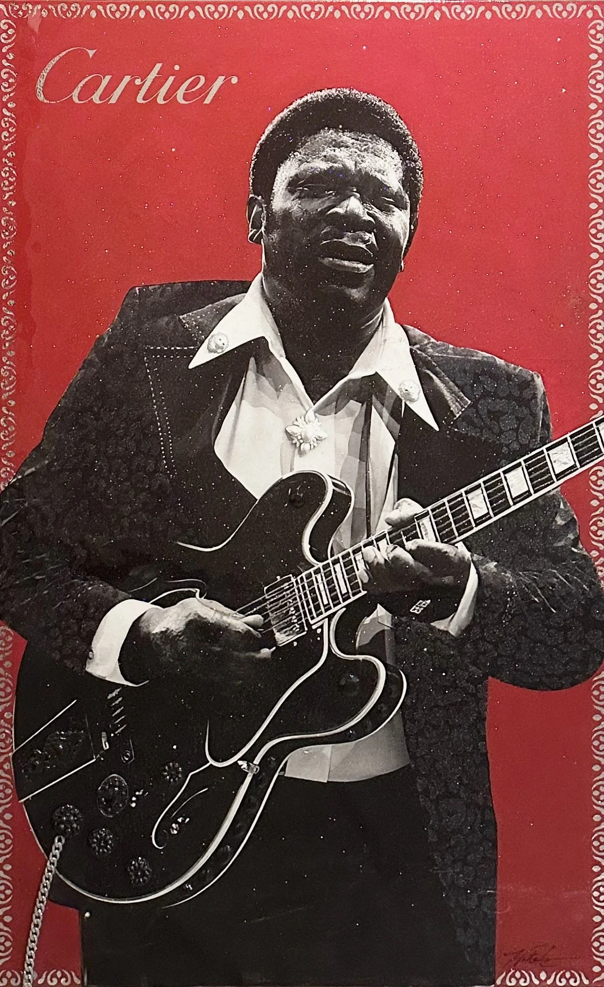 Rock Me Cartier is a 48 × 36-inch original mixed-media portrait honoring B.B. King, the legendary guitarist known as the King of the Blues. Hunter Connor combines King’s expressive image and guitar with Cartier-inspired luxury details, bringing blues