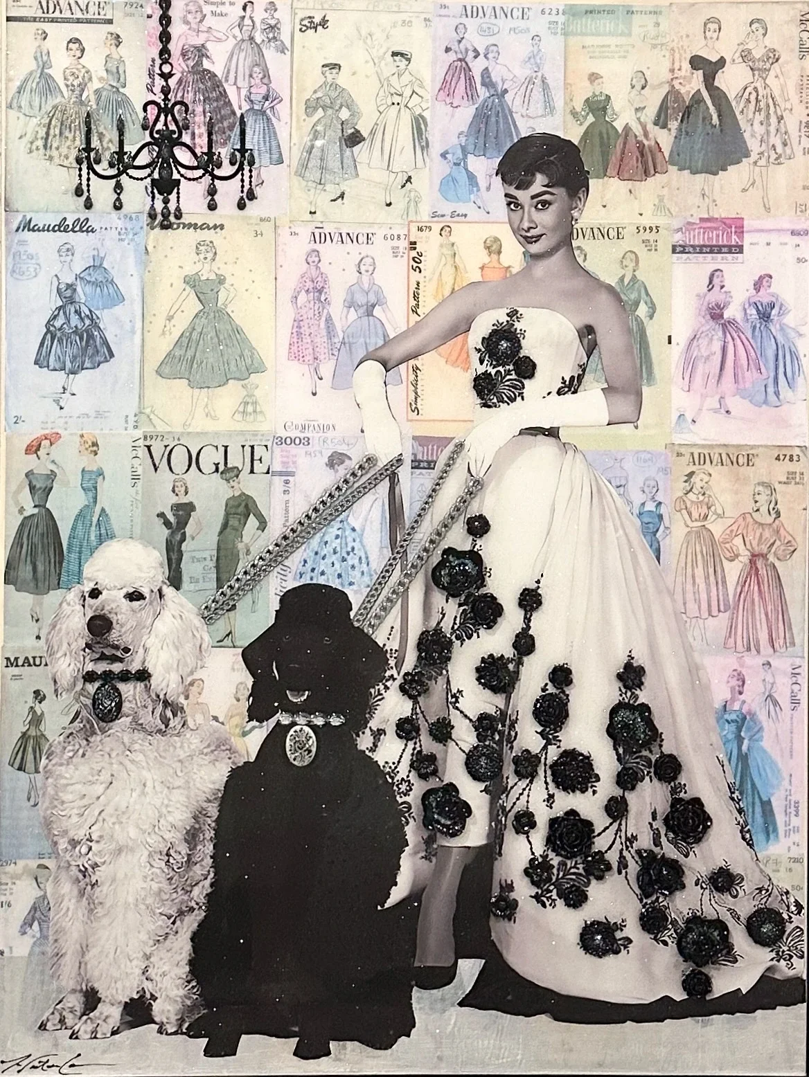 Seamlessly Audrey — 40 × 30 inches. Inspired by Audrey Hepburn, the Academy Award-winning actress and international style icon, this original mixed-media portrait honors her unmistakable elegance through fashion imagery, cinematic nostalgia and layer