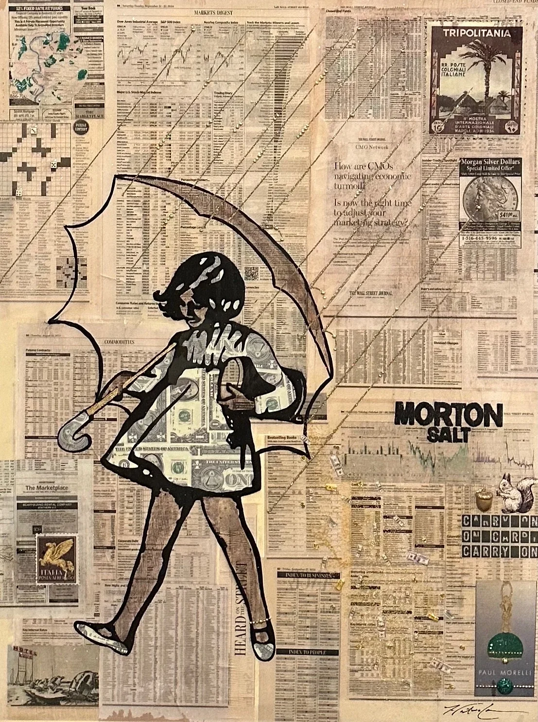 Make It Rain 2 is a 40 × 30-inch commissioned mixed-media collage by Dallas-based contemporary artist Hunter Connor. Financial imagery, bold color, layered texture and cultural symbols create an energetic pop-art commentary on wealth, celebrity, ambi