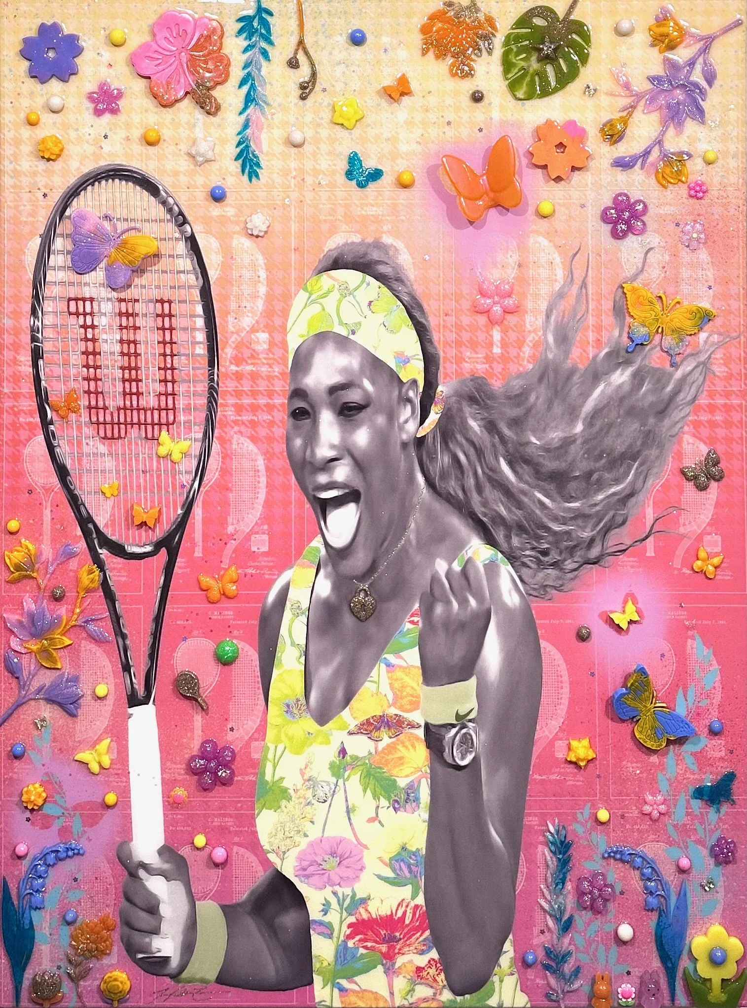 Serena’s Serenity — 40 × 30 × 1.5 inches. Inspired by Serena Williams, the 23-time Grand Slam singles champion whose power and determination transformed women’s tennis, this mixed-media portrait balances athletic intensity with the composure of an en