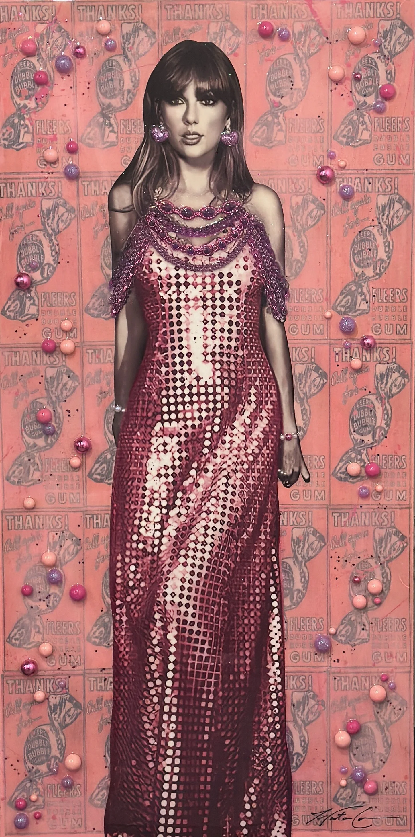 Pop Star is a 40 × 30-inch original mixed-media artwork inspired by global singer-songwriter Taylor Swift. Hunter Connor combines a vibrant celebrity portrait with pink sequins, bubble-gum imagery and playful collage elements to explore modern fame, 