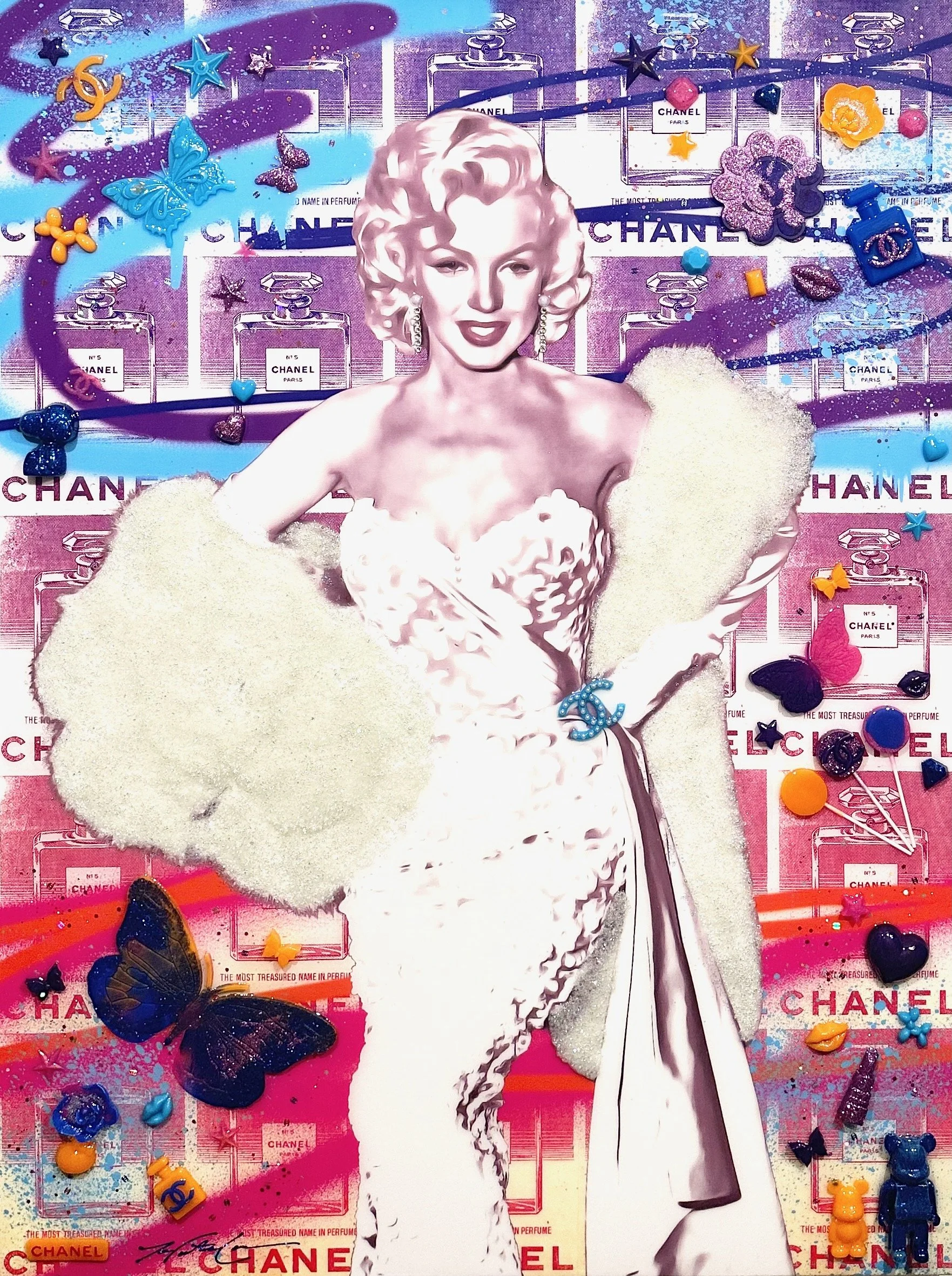 A 40x30x1.5" reimagining of Marilyn Monroe through modern pop art. With radiant pinks, gold tones, and layered dimension, Hunter Connor fuses old-Hollywood glamour with contemporary boldness in this iconic homage to beauty and fame.