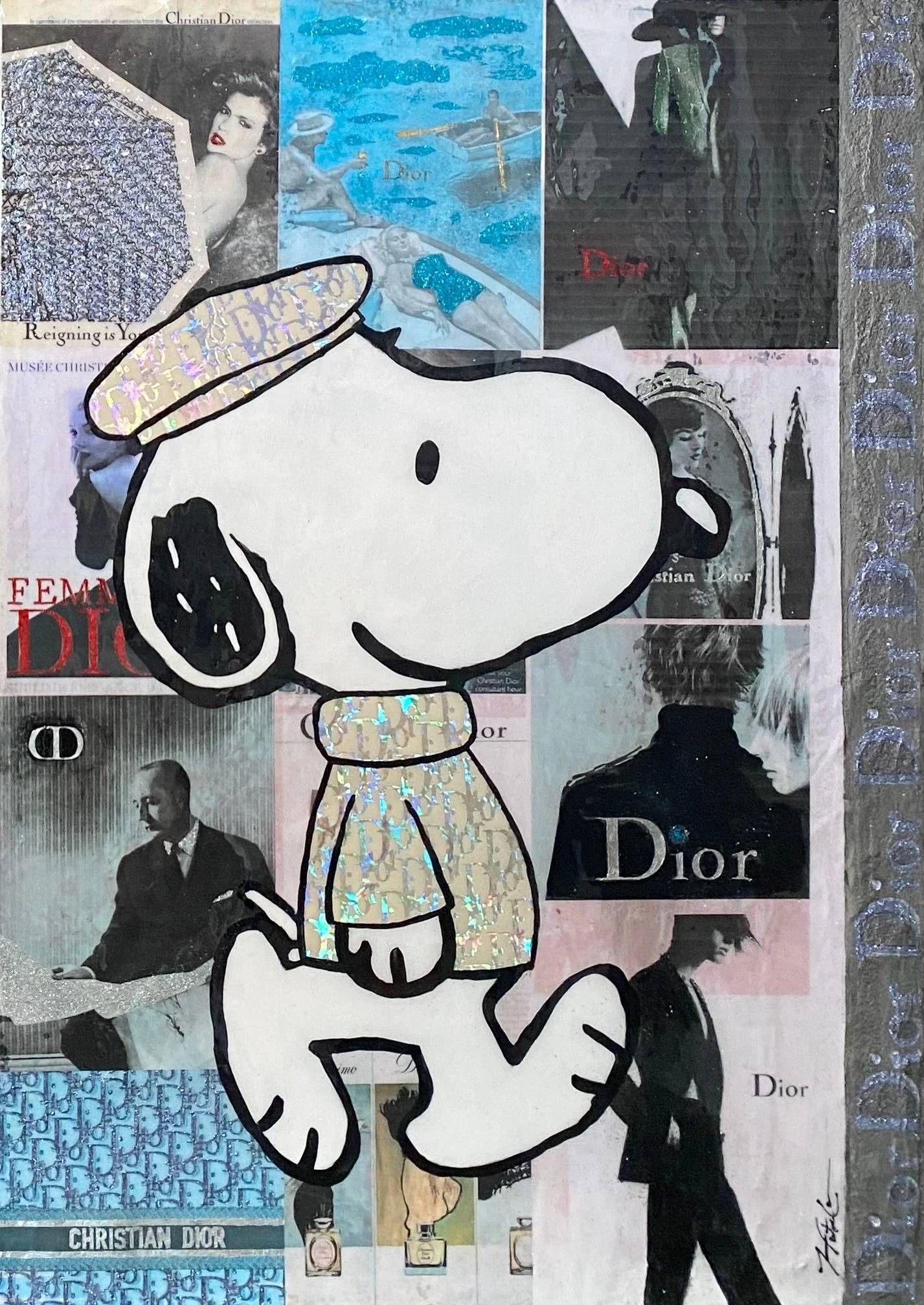 Snooping Around in Dior — 30 × 24 inches. Inspired by Snoopy, the beloved Peanuts character created by Charles M. Schulz, this mixed-media pop artwork gives the famously imaginative beagle a high-fashion Dior makeover. Hunter Connor blends childhood 