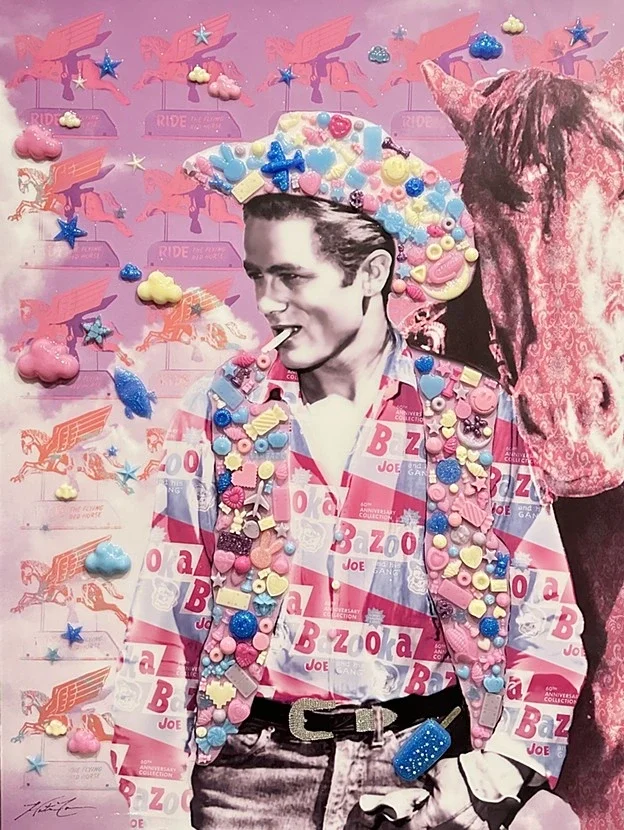Candied Cowboy — 48 × 36 × 1.5 inches. Inspired by James Dean, the Hollywood icon whose brief career and rebellious image became synonymous with 1950s youth culture, this original mixed-media and resin artwork blends Western imagery, candy-colored de