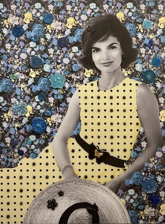 Garden of Jackie is a 40 × 30-inch original mixed-media portrait inspired by Jacqueline Kennedy Onassis, the former First Lady and enduring American style icon. Hunter Connor combines floral overlays, vintage imagery and layered textures to reinterpr