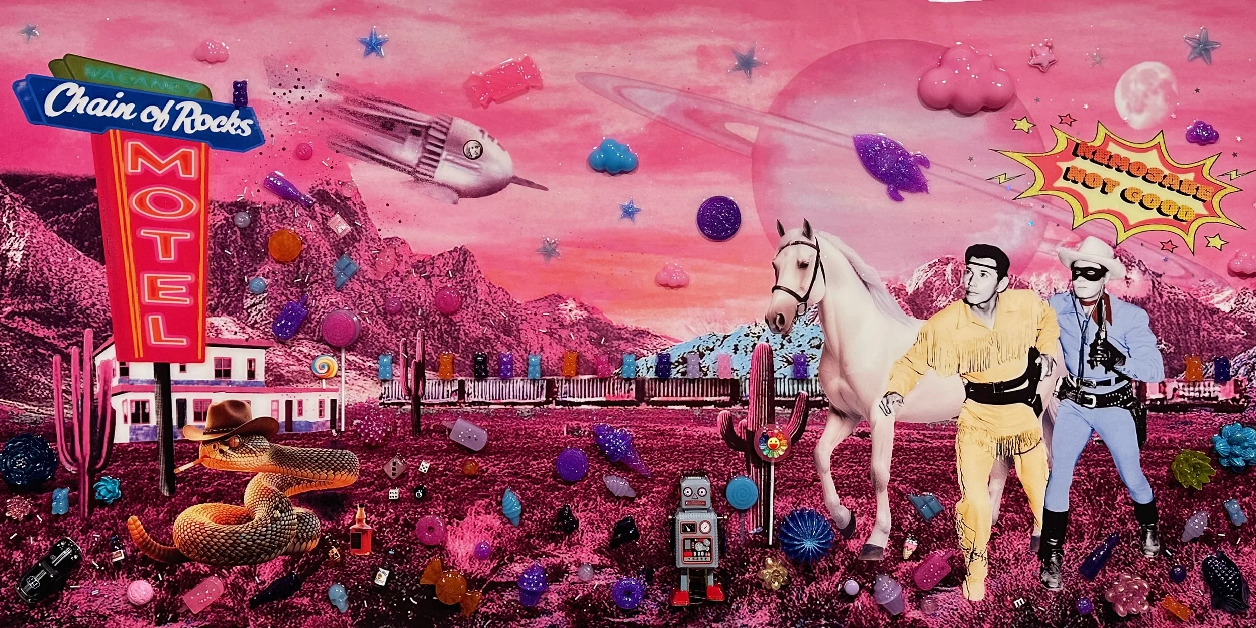 Kemosabe Not Good is a 24 × 48 × 1.5-inch commissioned mixed-media artwork by Dallas-based contemporary artist Hunter Connor. Western characters, layered text, vivid color and Americana imagery create a panoramic pop-art exploration of frontier mytho