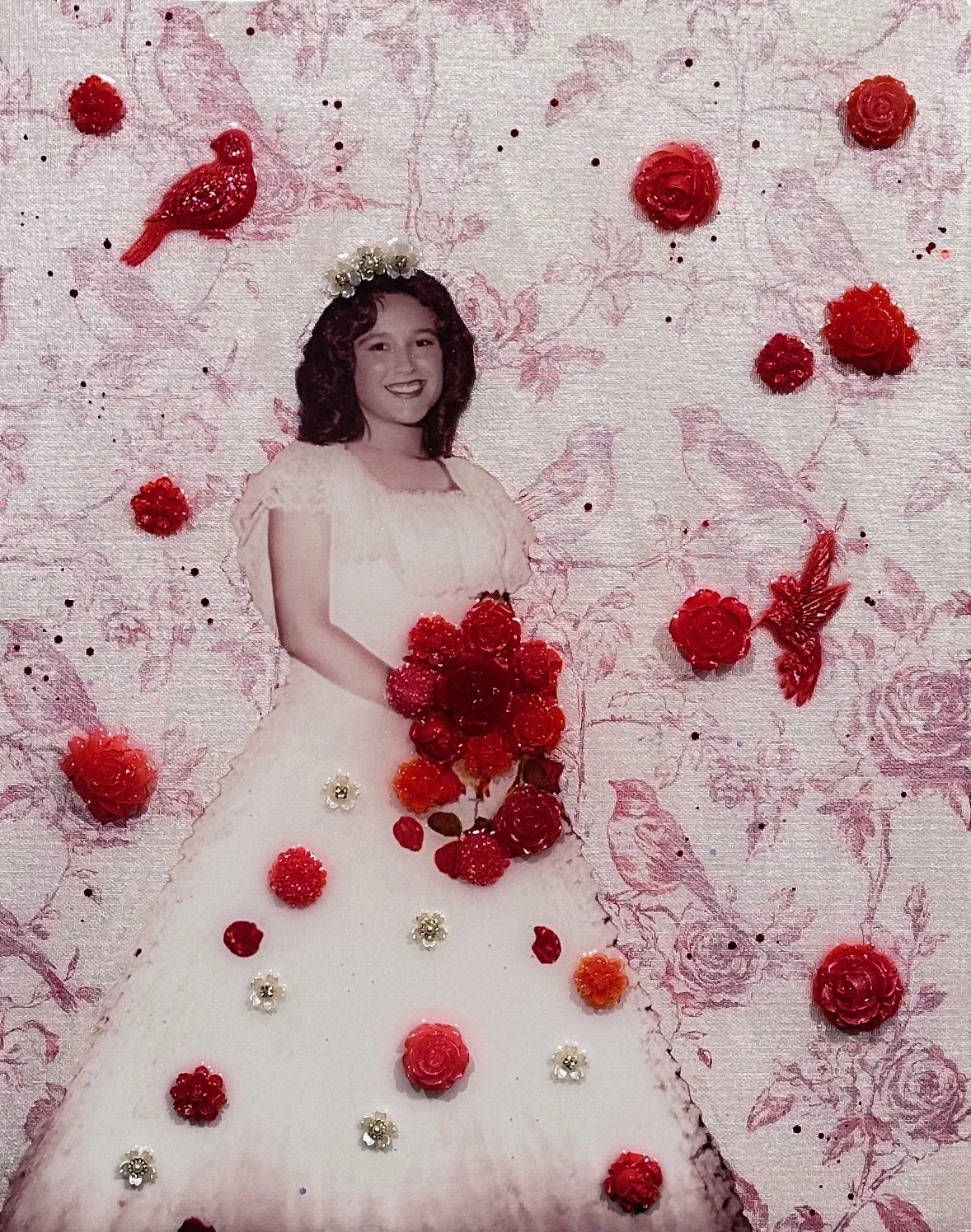 Custom Portrait Commission is a 20 × 16 × 1.5-inch personalized mixed-media artwork by Dallas-based contemporary artist Hunter Connor. A cherished bridal photograph is surrounded by map imagery and sculptural red flowers, transforming a meaningful li