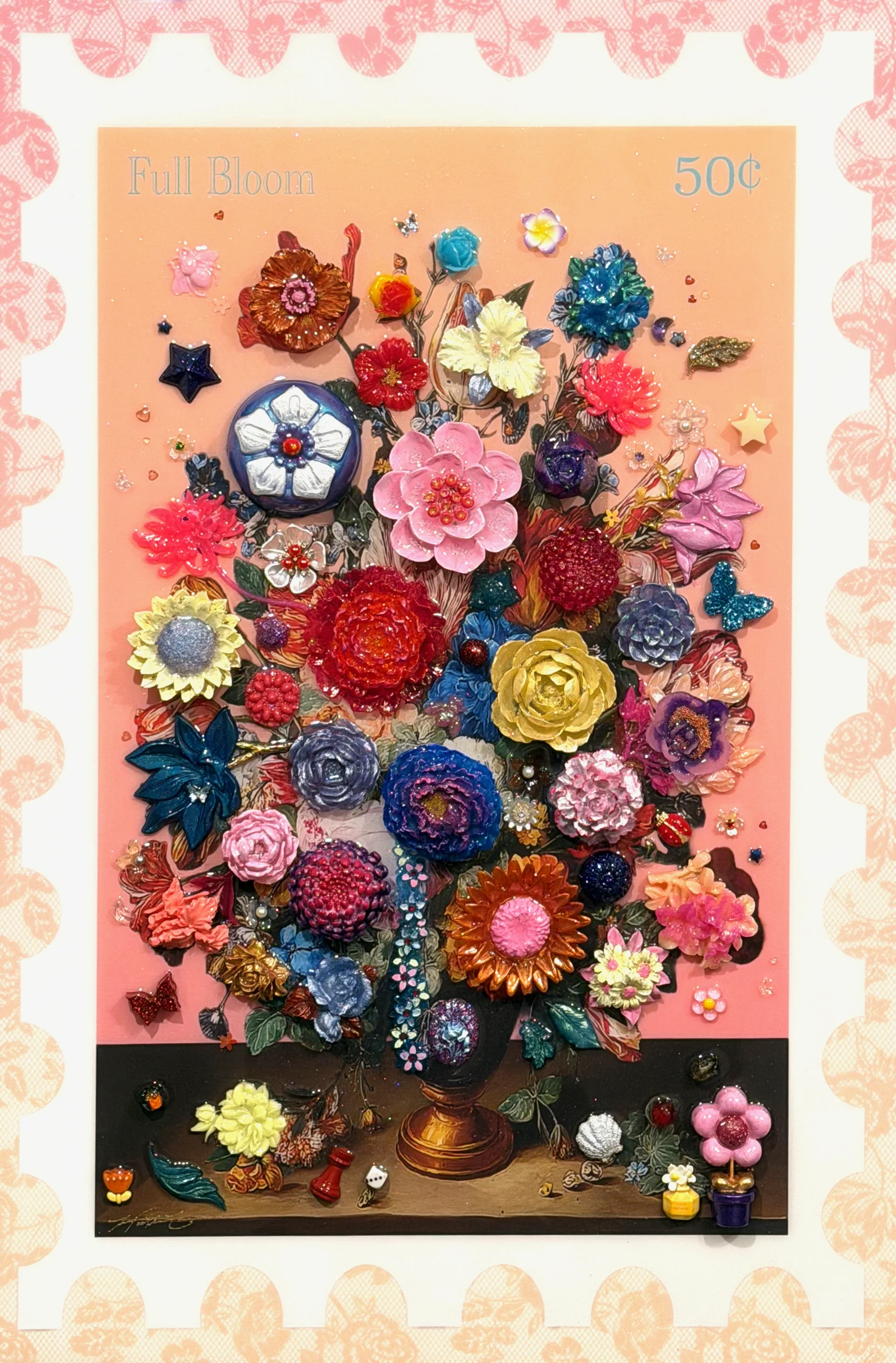 Full Bloom is a 30 × 20 × 1.5-inch original mixed-media and resin artwork by Dallas-based contemporary artist Hunter Connor. Designed as a collectible floral postage stamp, the composition combines vibrant blossoms, layered collage and sculptural det