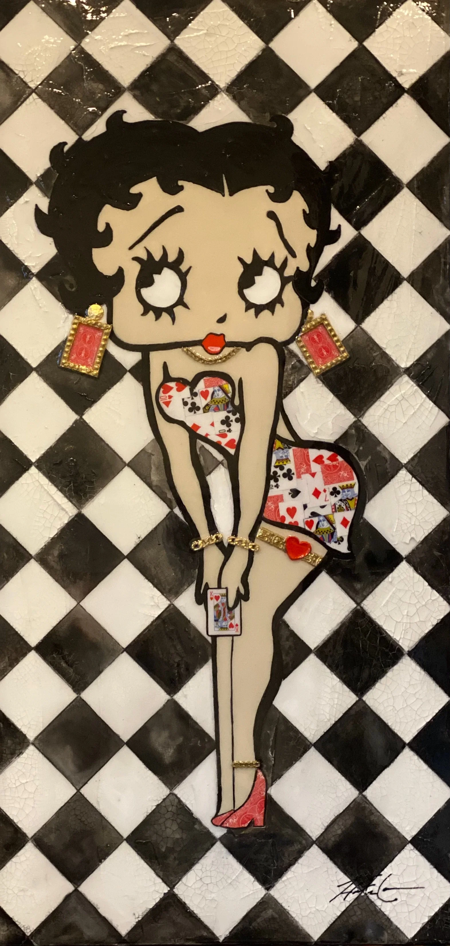 Play Your Cards Right — 48 × 24 inches. Inspired by Betty Boop and the glamour of vintage animation, this horizontal mixed-media artwork combines playing-card symbolism, bold pattern and playful confidence. Hunter Connor turns luck, risk and ambition