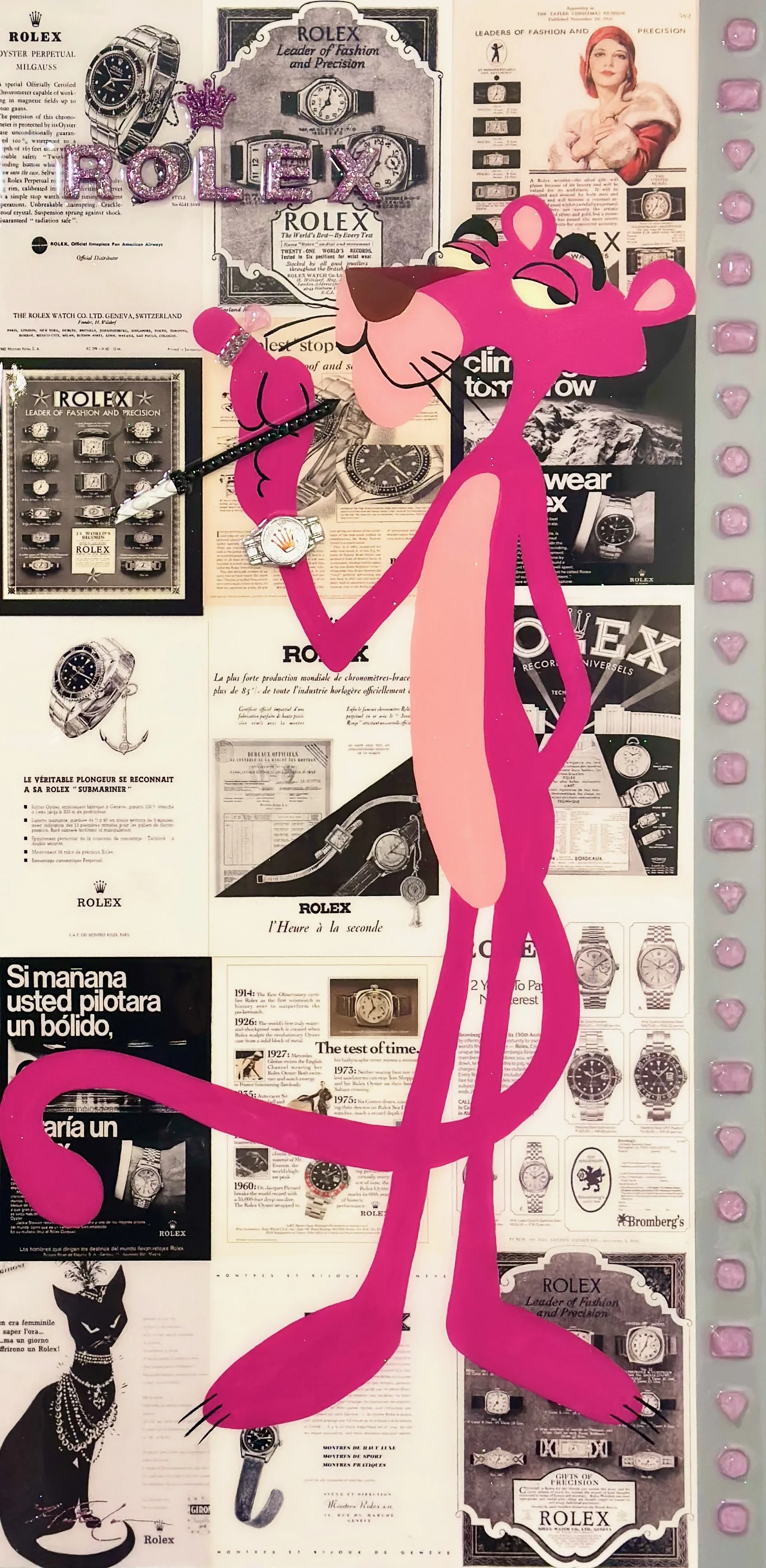 Timeless Panther — 40 × 30 inches. Inspired by the Pink Panther, this contemporary mixed-media artwork combines one of animation’s most recognizable characters with luxury watch imagery and playful pop-art attitude. Hunter Connor uses layered collage