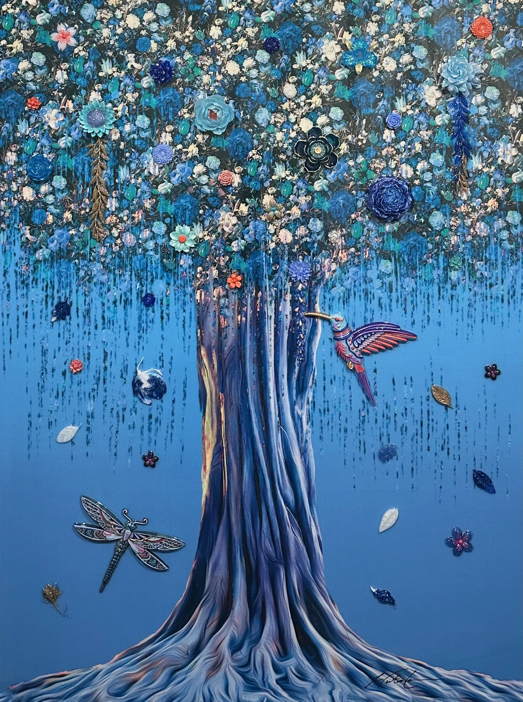 Blue Willow I is a 48 × 36 × 1.5-inch original acrylic painting by Dallas-based contemporary artist Hunter Connor. Deep sapphire tones, silver accents and an abstract tree-of-life composition explore serenity, renewal and personal growth, beginning t