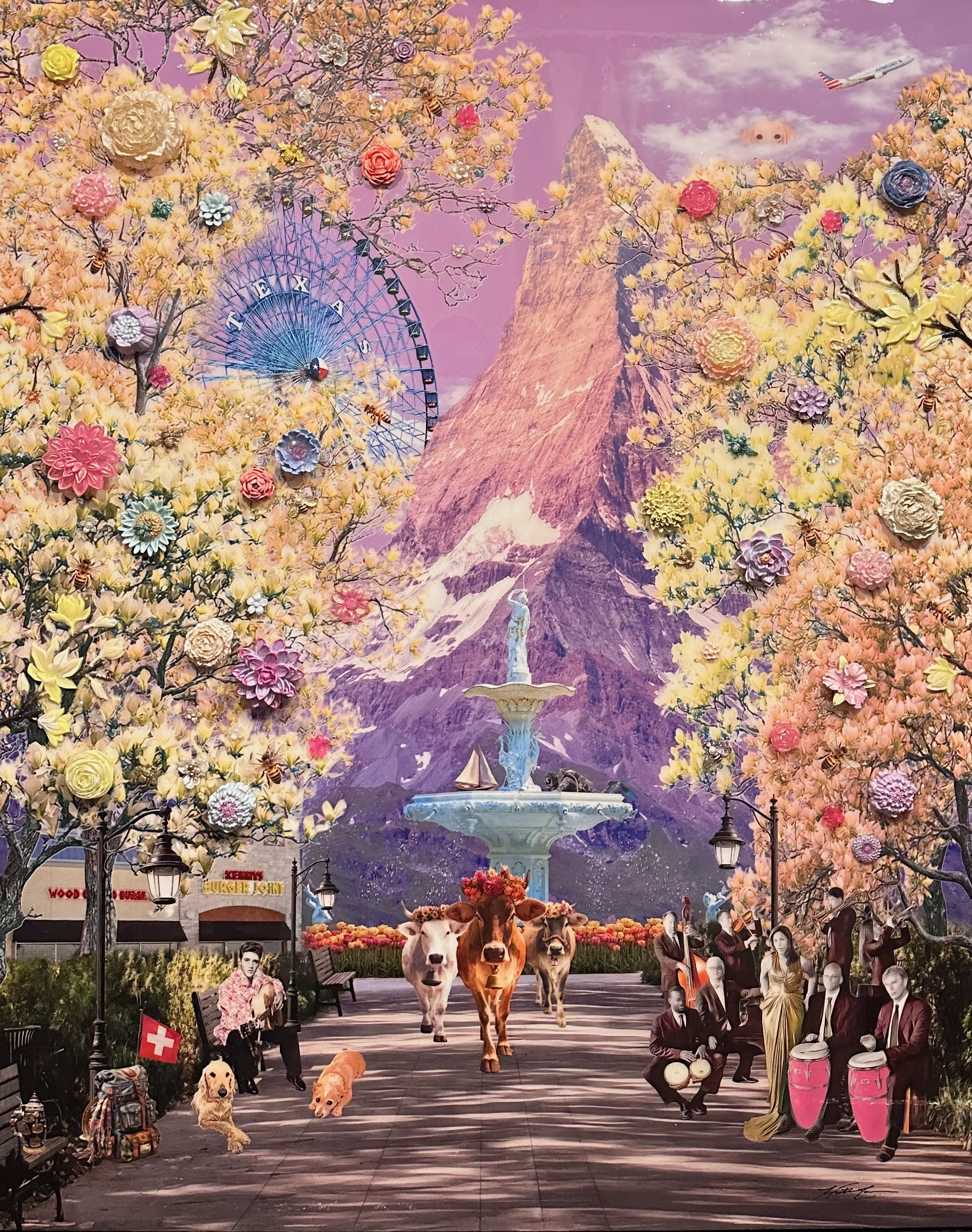 Memories in the Park is a 48 × 60 × 1.5-inch custom mixed-media artwork by Dallas-based contemporary artist Hunter Connor. Personal photographs, park landmarks, animals, florals and nostalgic attractions create an imaginative memory landscape that tr