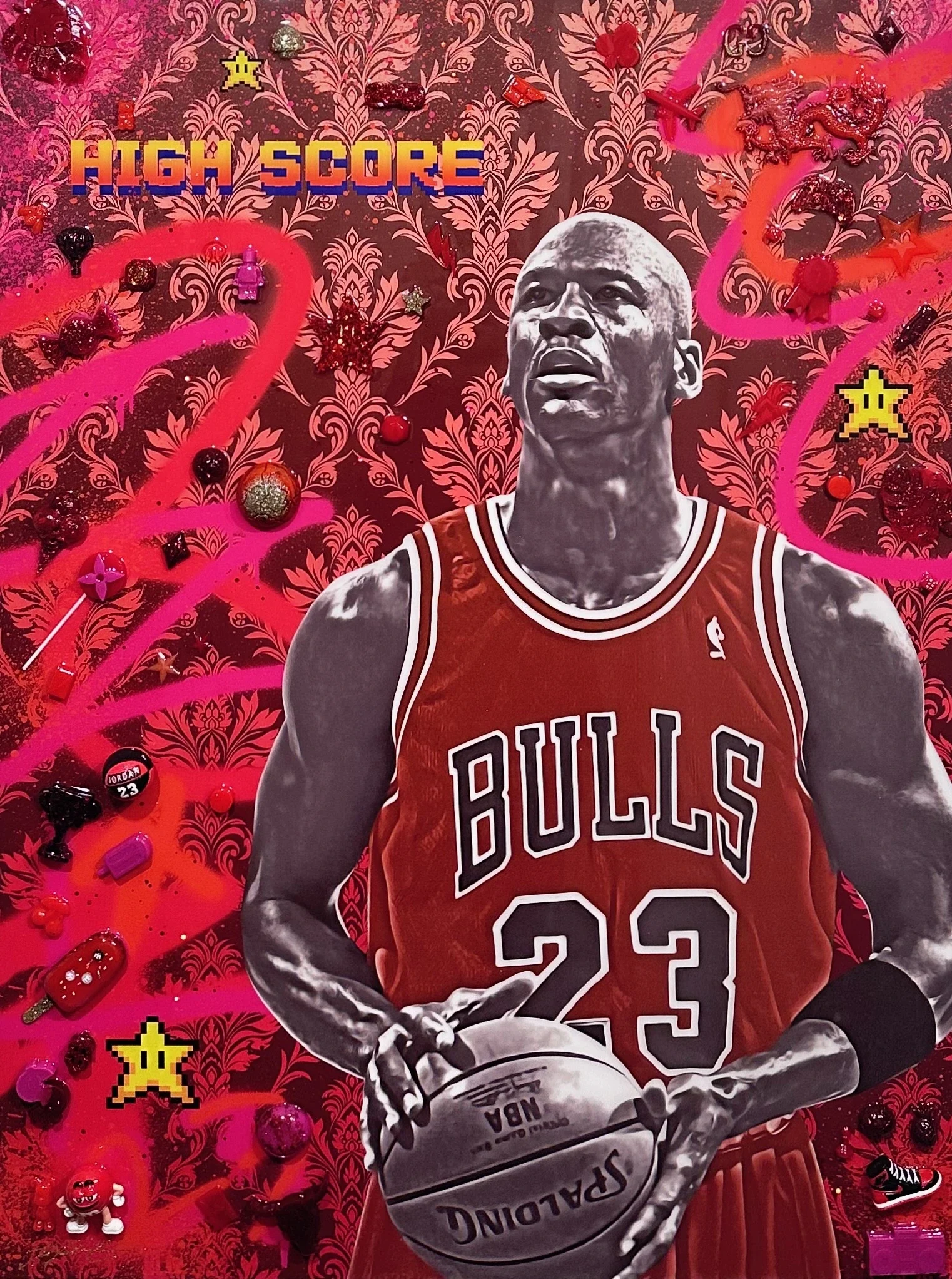 Michael’s Moment — 40 × 30 × 1.5 inches. Inspired by Michael Jordan, the six-time NBA champion and five-time MVP who redefined basketball greatness, this mixed-media artwork captures his legendary intensity, championship presence and lasting influenc