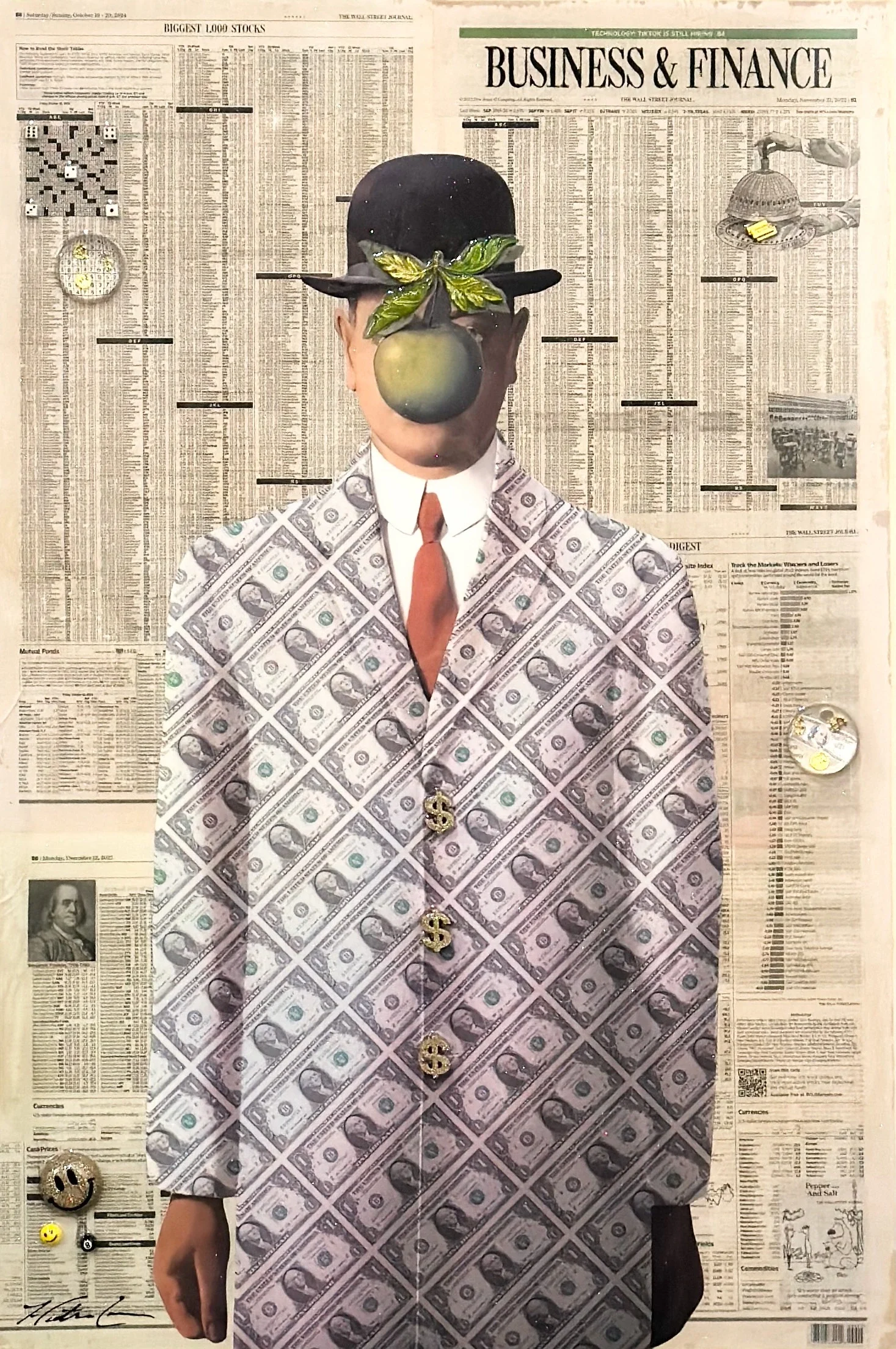 Cash Flow is a 40 × 30-inch original mixed-media artwork by Dallas-based contemporary artist Hunter Connor. Inspired by René Magritte’s iconic 1964 self-portrait The Son of Man, Connor replaces the surrealist setting with newsprint collage and coordi
