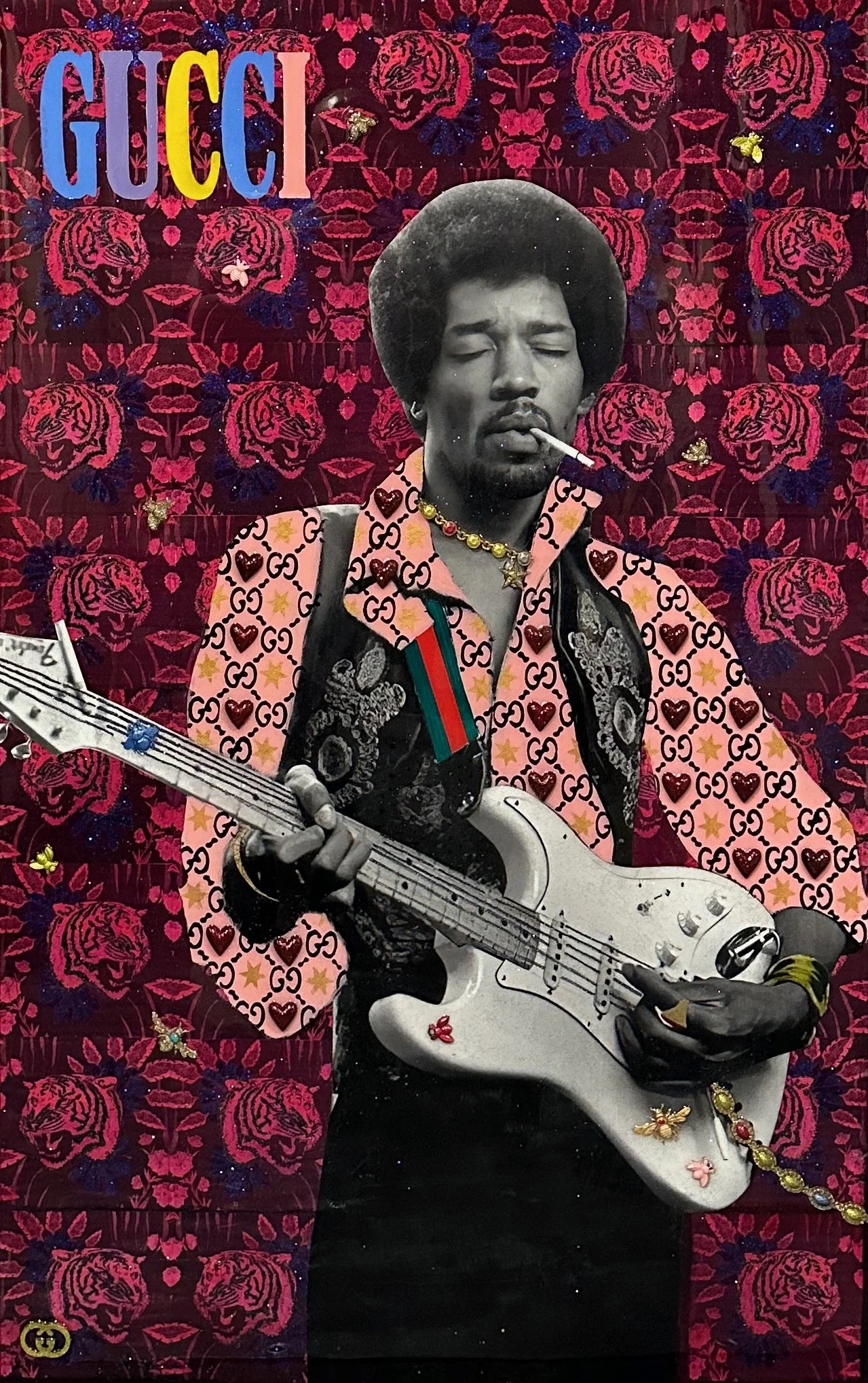 Hey Gucci is a 40 × 30-inch original mixed-media portrait celebrating Jimi Hendrix, one of rock music’s most influential guitarists. Hunter Connor combines Hendrix’s expressive image with electric color, guitar imagery and Gucci-inspired patterns, br