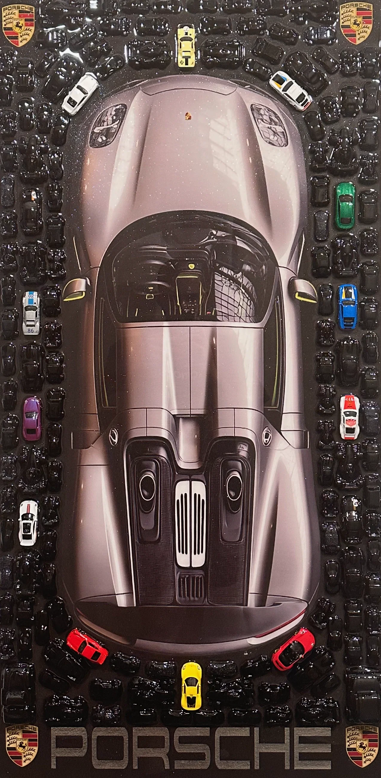 Full Throttle – Porsche 918 Spyder is a 48 × 24 × 1.5-inch original mixed-media and resin artwork by Dallas-based contemporary artist Hunter Connor. The panoramic composition celebrates the Porsche 918 Spyder through dynamic automotive imagery, layer