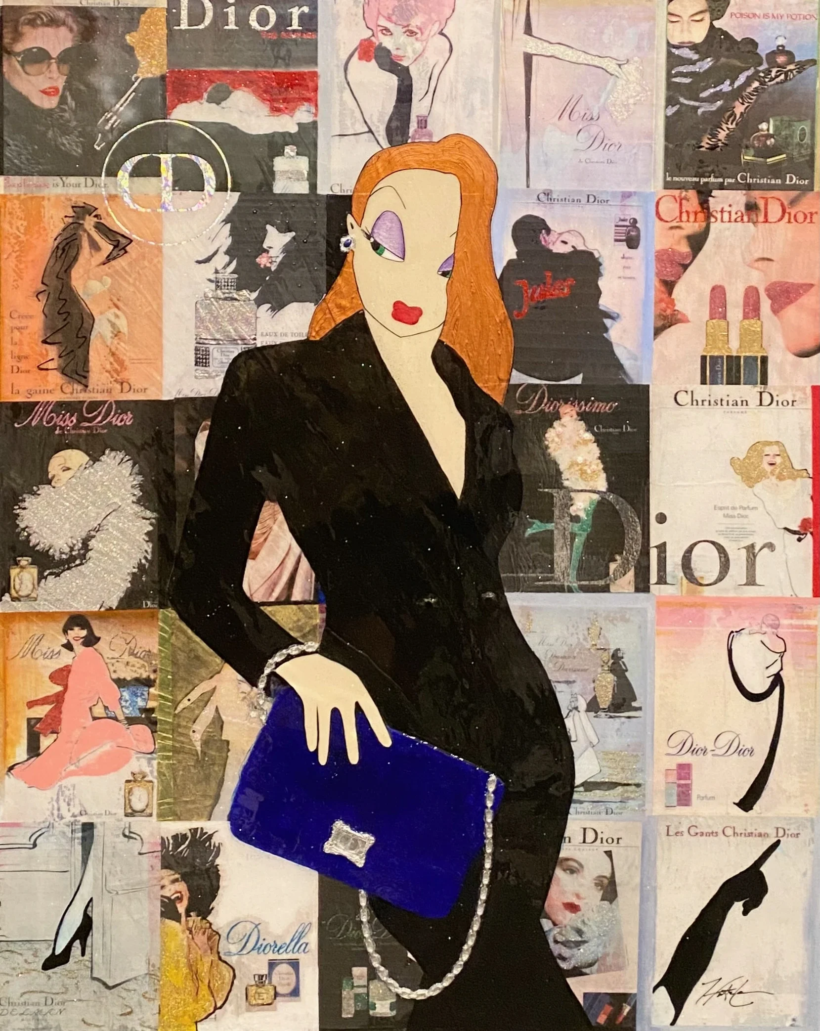 Not Bad, Just Diored — 40 × 30 inches. This original mixed-media pop artwork reimagines a glamorous animated heroine through the unmistakable language of Dior fashion. Hunter Connor combines couture imagery, feminine confidence and playful rebellion 
