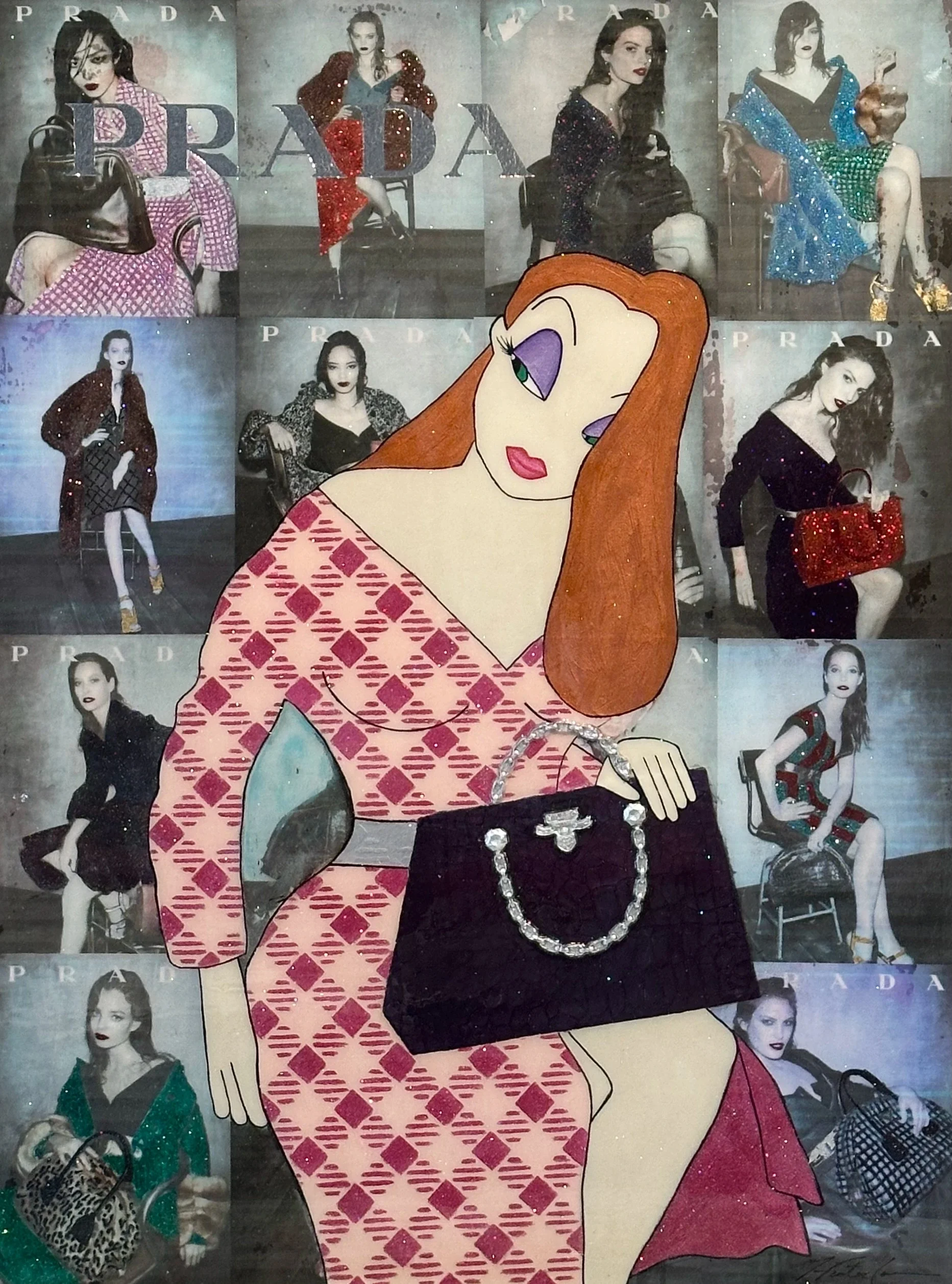 One of the Girls — 40 × 30 inches. Inspired by Jessica Rabbit, the glamorous animated icon from Who Framed Roger Rabbit, this mixed-media pop artwork places her unmistakable silhouette within a world of Prada fashion imagery. Hunter Connor combines H
