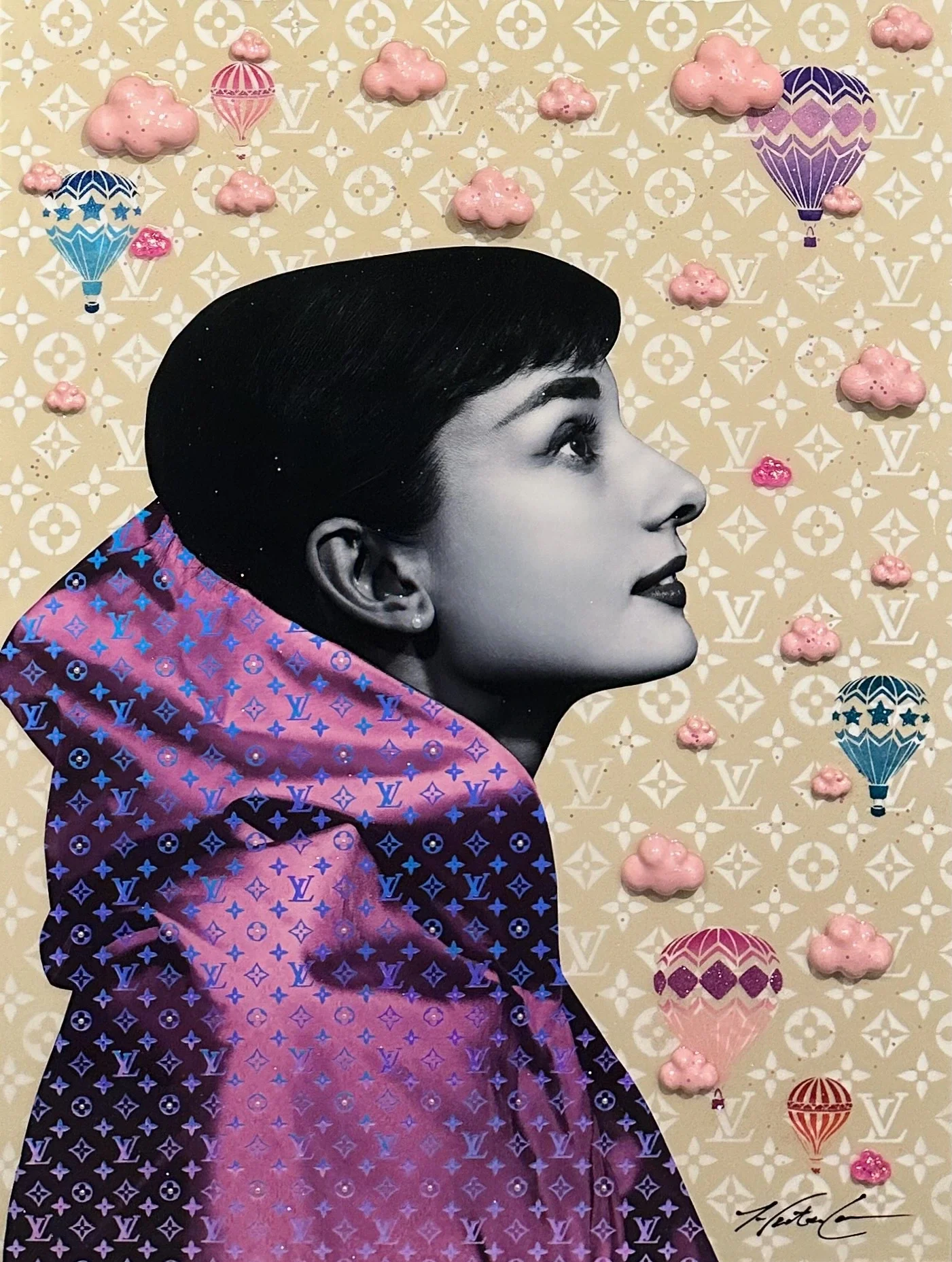 Cotton Candy — 40 × 30 inches. Inspired by Academy Award-winning actress and humanitarian Audrey Hepburn, this original mixed-media portrait pairs her timeless elegance with soft pastels, nostalgic imagery and playful fashion details. Hunter Connor r