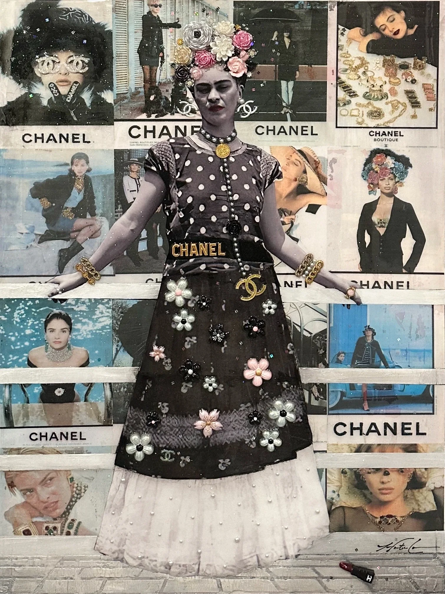 Frida No. 5 is a 40 × 30-inch original mixed-media portrait reimagining influential Mexican artist Frida Kahlo through Hunter Connor’s contemporary pop-art style. Vibrant color, Chanel No. 5-inspired imagery and cultural symbolism celebrate Kahlo’s M
