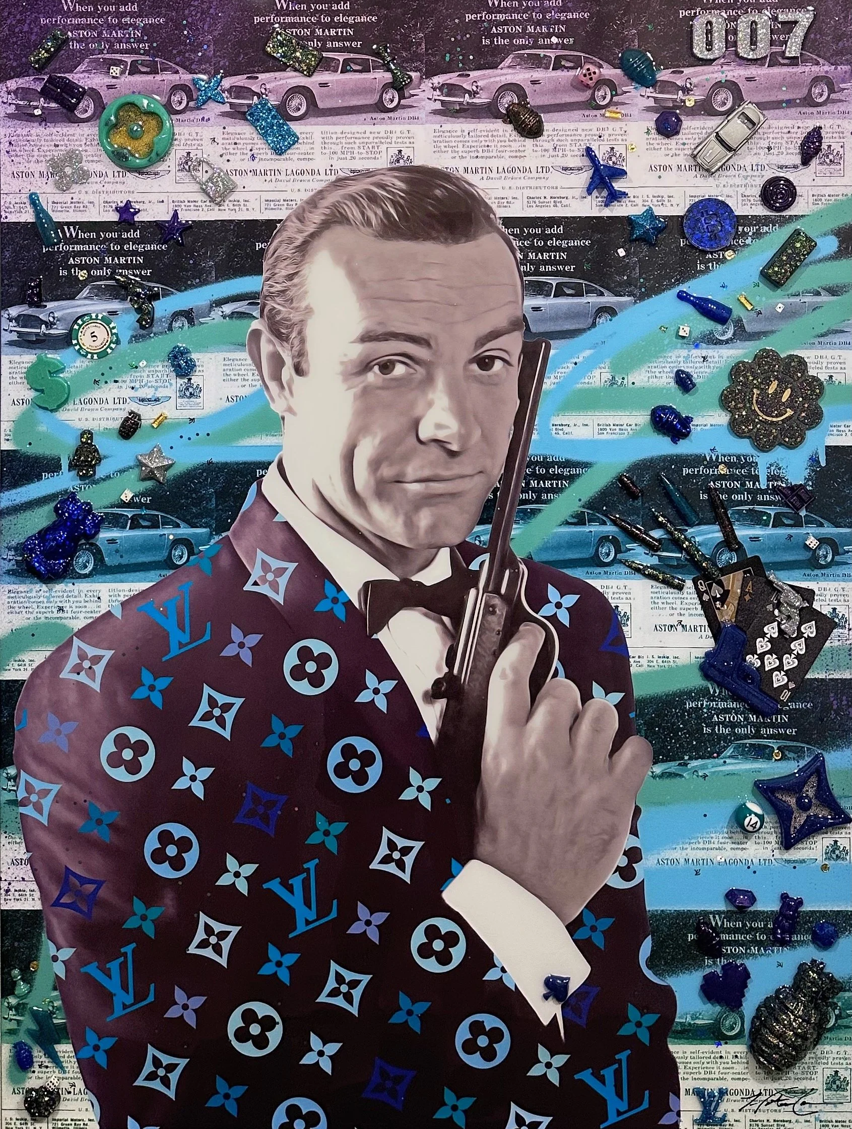 A 40x30x1.5" mixed-media pop art portrait inspired by the timeless charisma of James Bond. This colorful collage captures cinematic cool through bold composition and texture, blending vintage iconography with modern energy by Texas pop artist Hunter
