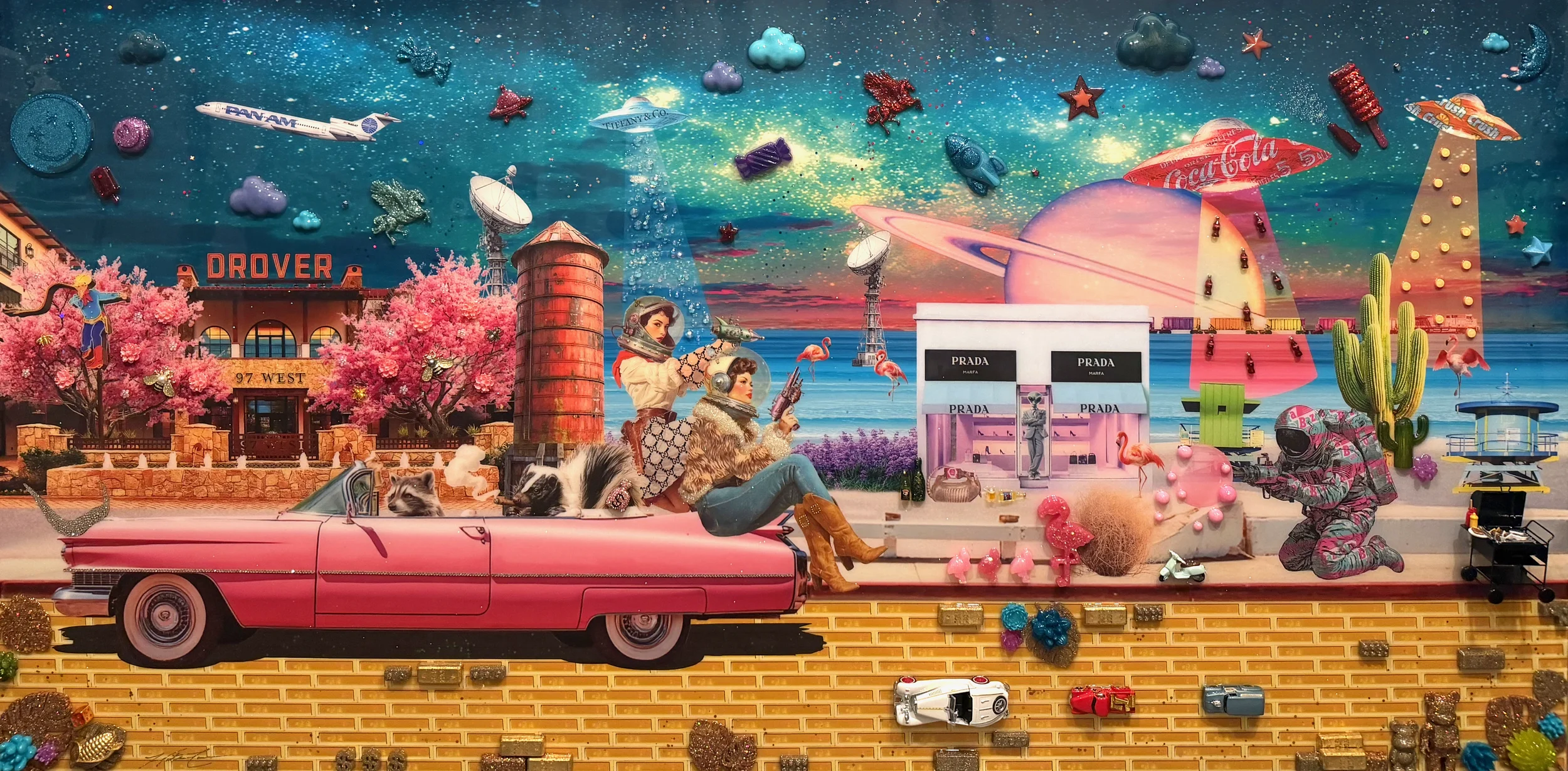 Cosmic Cadillac Girls is a 36 × 72 × 1.5-inch custom mixed-media artwork by Dallas-based contemporary artist Hunter Connor. A pink vintage Cadillac, retro figures, roadside Americana and cosmic imagery stretch across the panoramic composition, transf