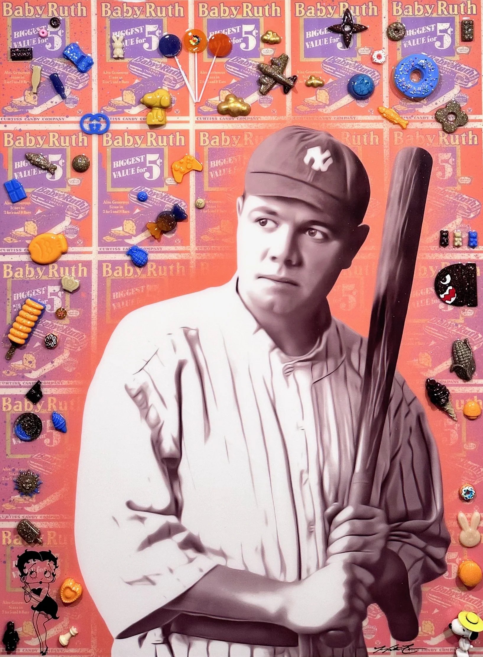Ruthless — 40 × 30 × 1.5 inches. Inspired by Baseball Hall of Famer Babe Ruth, whose 714 home runs and larger-than-life personality helped define America’s national pastime, this mixed-media artwork combines nostalgic baseball imagery with bold conte