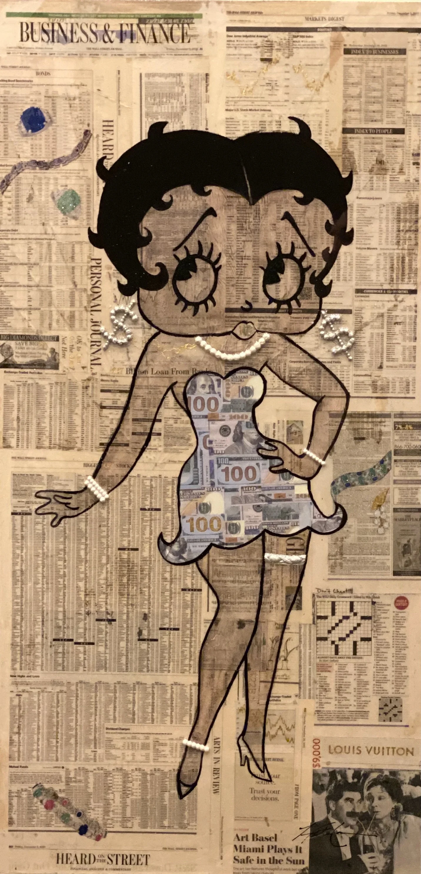 Keepin’ It 100 — 30 × 24 inches. Inspired by Betty Boop, this contemporary mixed-media artwork surrounds the celebrated animation icon with hundred-dollar imagery and vintage financial print. Hunter Connor layers humor, glamour and cultural commentar