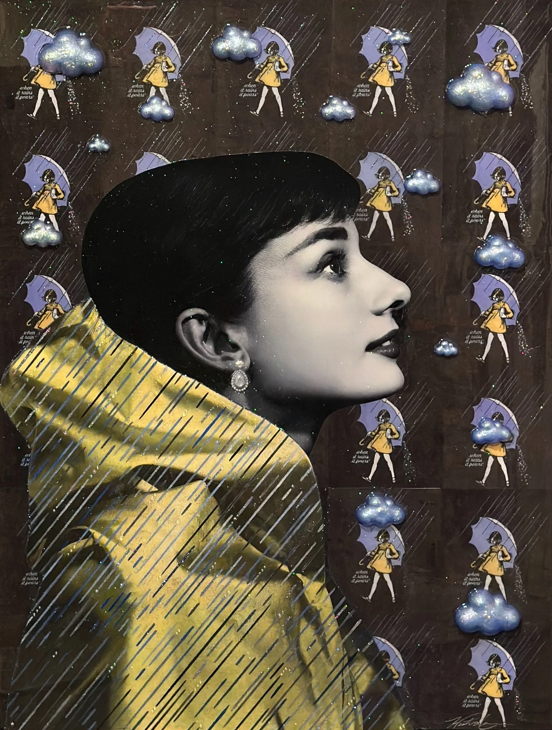 When It Rains, It Pours — 40 × 30 inches. This original mixed-media pop artwork transforms classic Hollywood rainwear imagery into a stylish reflection on resilience, composure and beauty under pressure. Hunter Connor combines vintage cinematic influ
