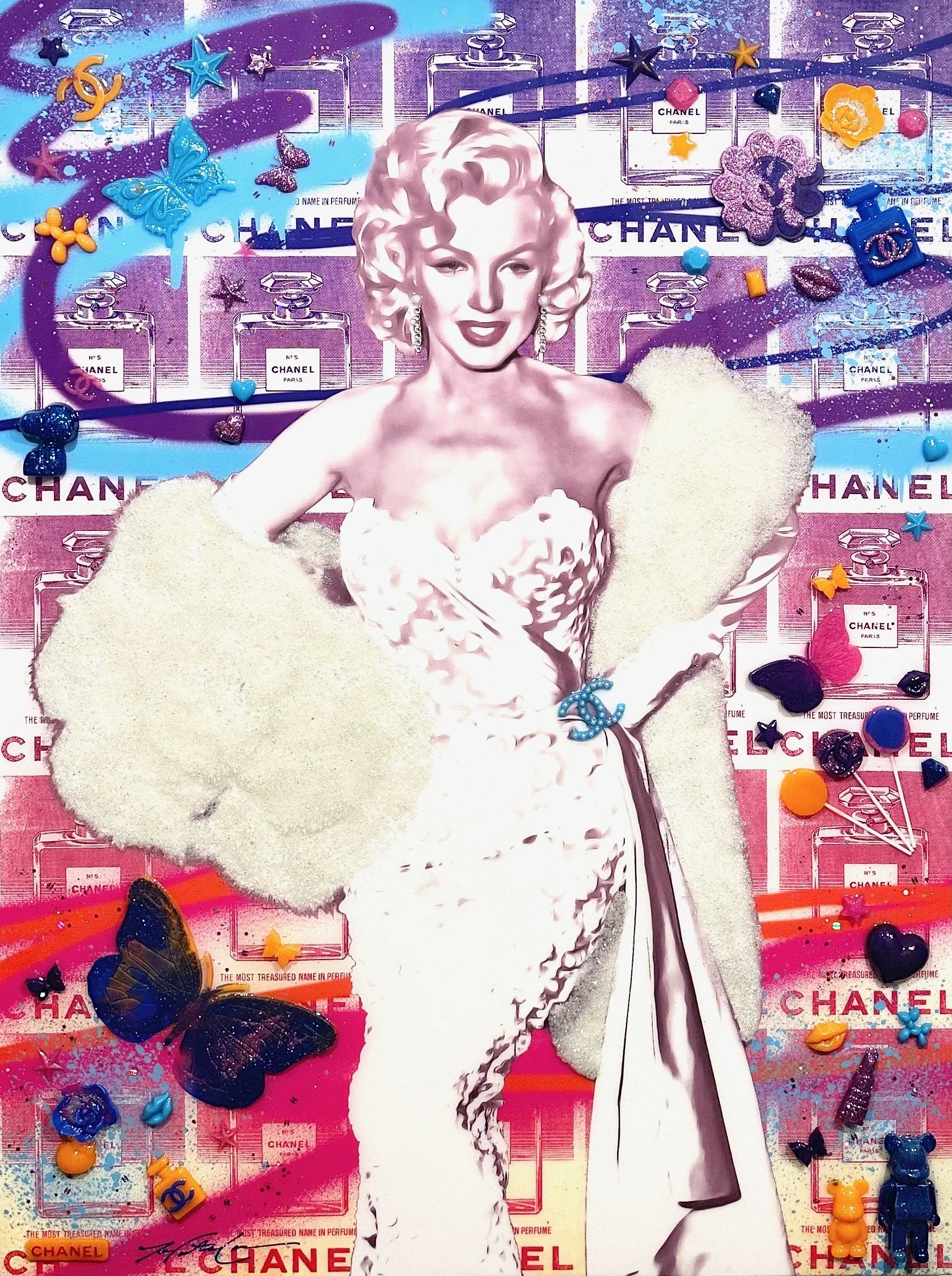Marilyn No. 5 — 40 × 30 × 1.5 inches. Inspired by Hollywood legend Marilyn Monroe, whose beauty and magnetic screen presence made her one of popular culture’s most recognizable figures, this mixed-media artwork transforms classic glamour into a color