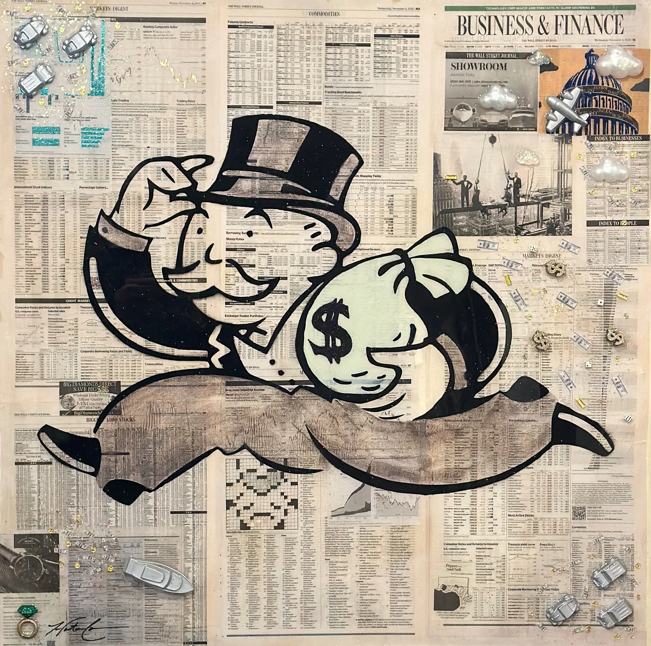 Money Bags is a 40 × 30-inch original mixed-media pop-artwork exploring wealth, luxury branding and consumer culture. Hunter Connor combines cartoon money symbols, recognizable fashion imagery, layered collage and playful satire to question how statu