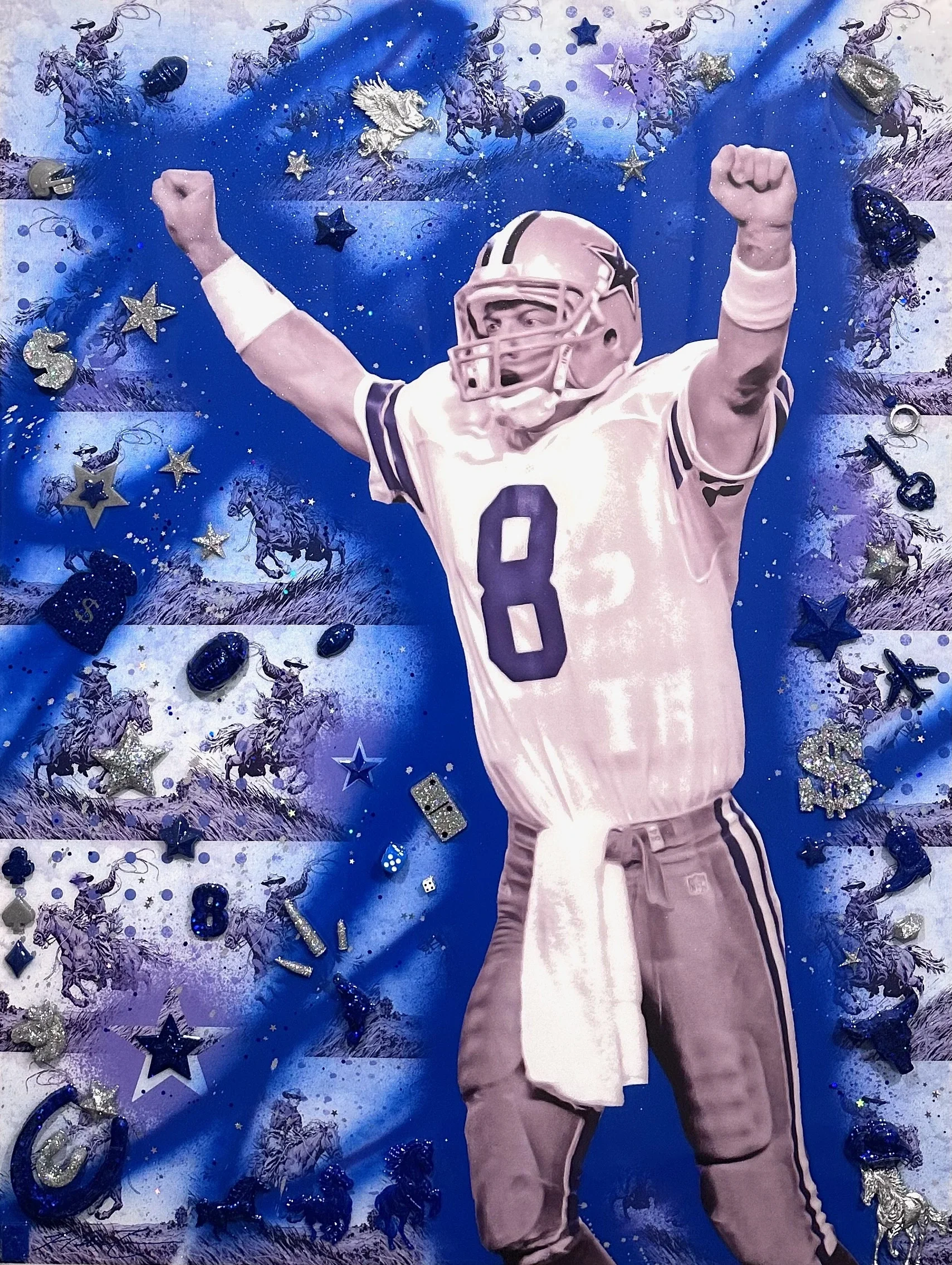 Cowboy #8 — 40 × 30 × 1.5 inches. Inspired by Troy Aikman, the Pro Football Hall of Fame quarterback who led the Dallas Cowboys to three Super Bowl championships, this mixed-media artwork celebrates his leadership and lasting legacy in Dallas sports 