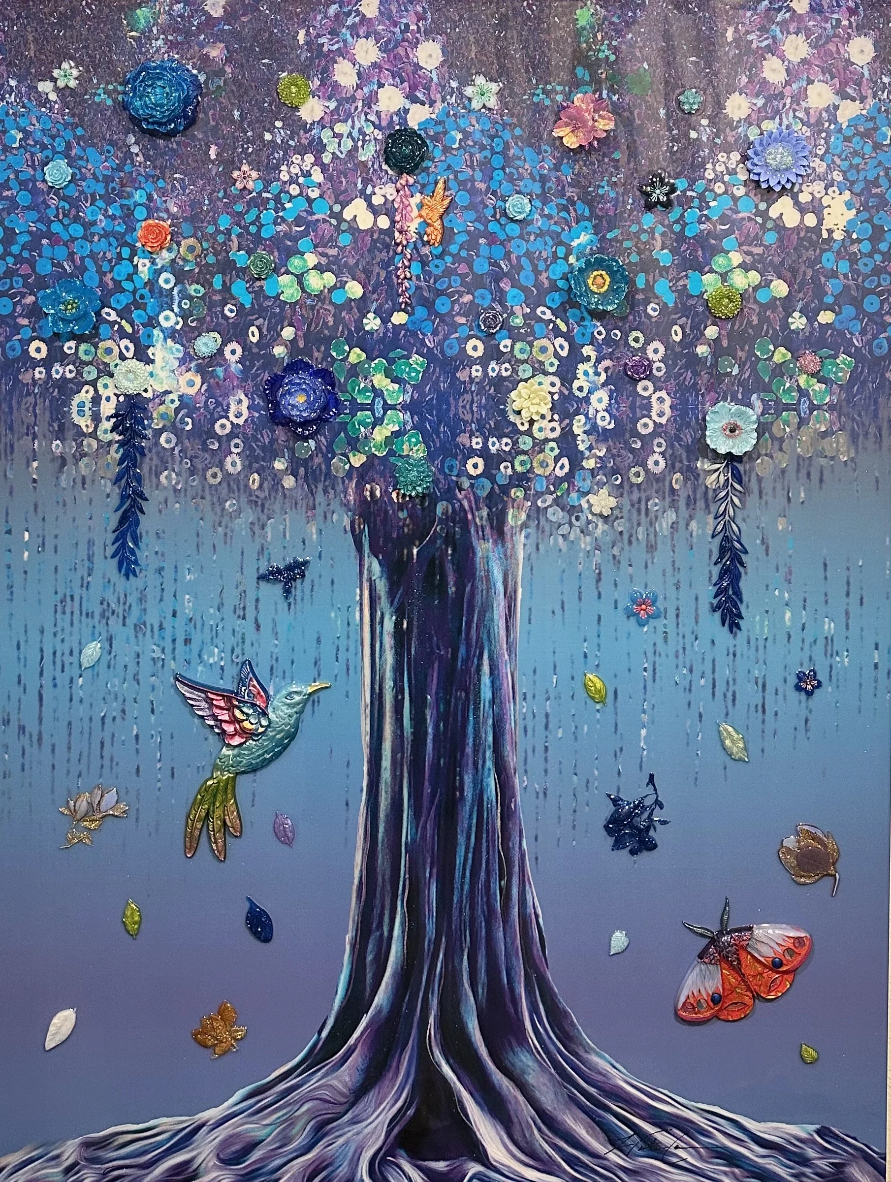 Blue Willow III is a 48 × 36 × 1.5-inch original acrylic painting by Dallas-based contemporary artist Hunter Connor. Cascading blues, luminous silver tones and rhythmic organic forms conclude the Blue Willow trilogy with a meditative exploration of h