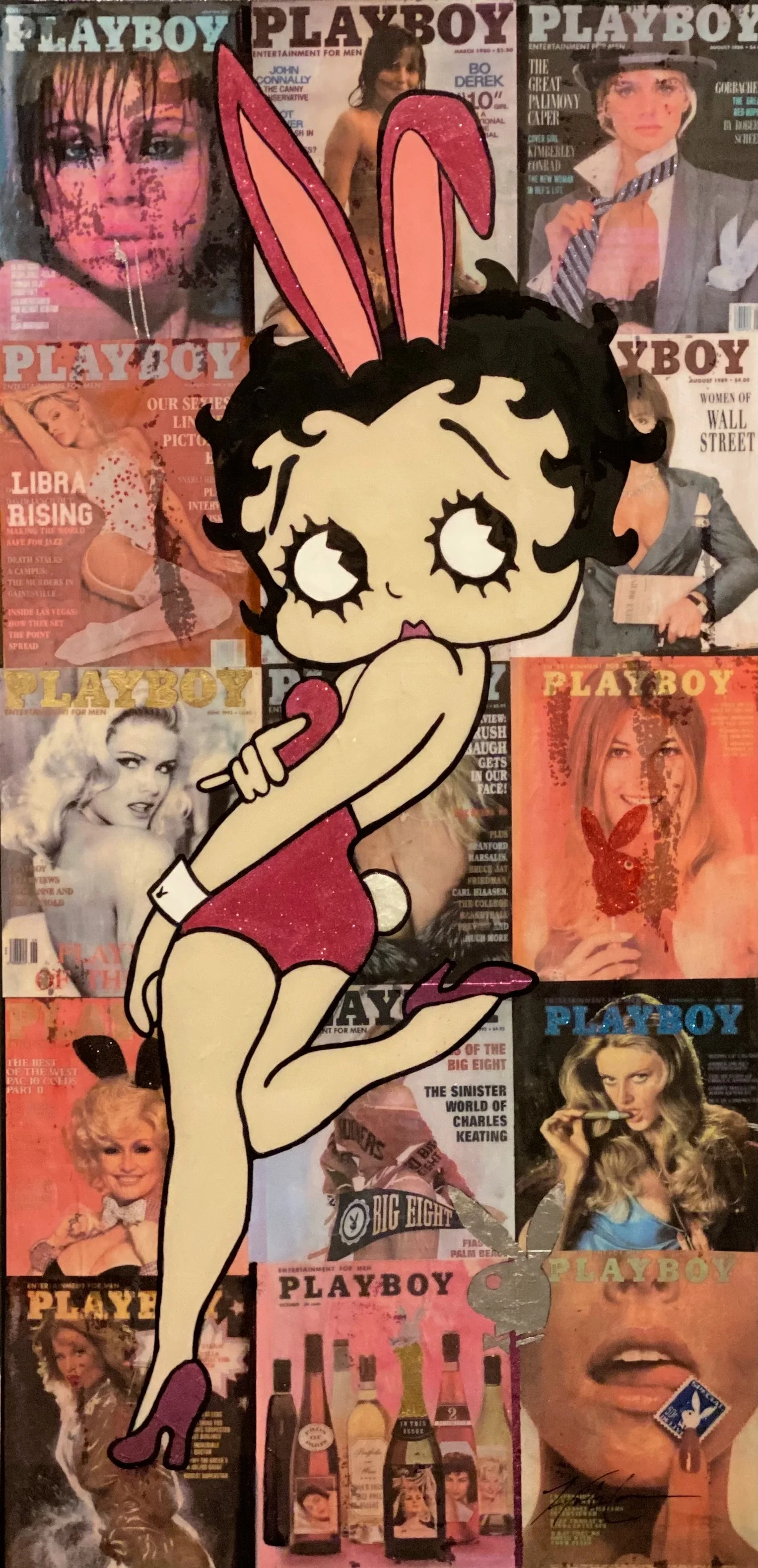 Betty’s Playhouse 2 — 40 × 30 inches. Inspired by the unmistakable Betty Boop, this original mixed-media artwork celebrates the glamour, independence and playful spirit that made her an animation legend. Checkered patterns, rich red tones and layered