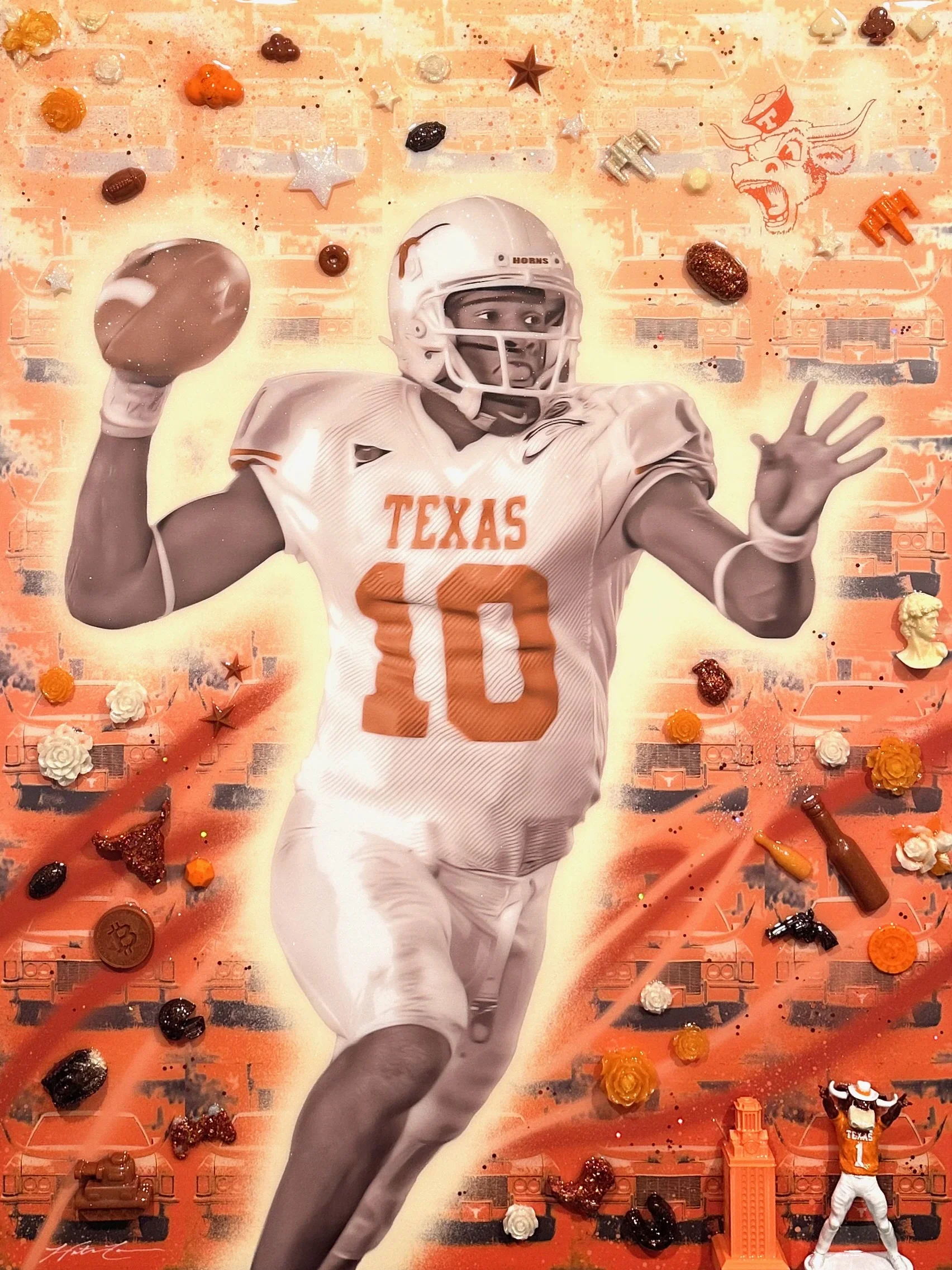 Hook’em #10 — 40 × 30 × 1.5 inches. Inspired by Vince Young, the College Football Hall of Fame quarterback who led the Texas Longhorns to the 2005 national championship, this mixed-media artwork celebrates his athleticism, leadership and unforgettabl