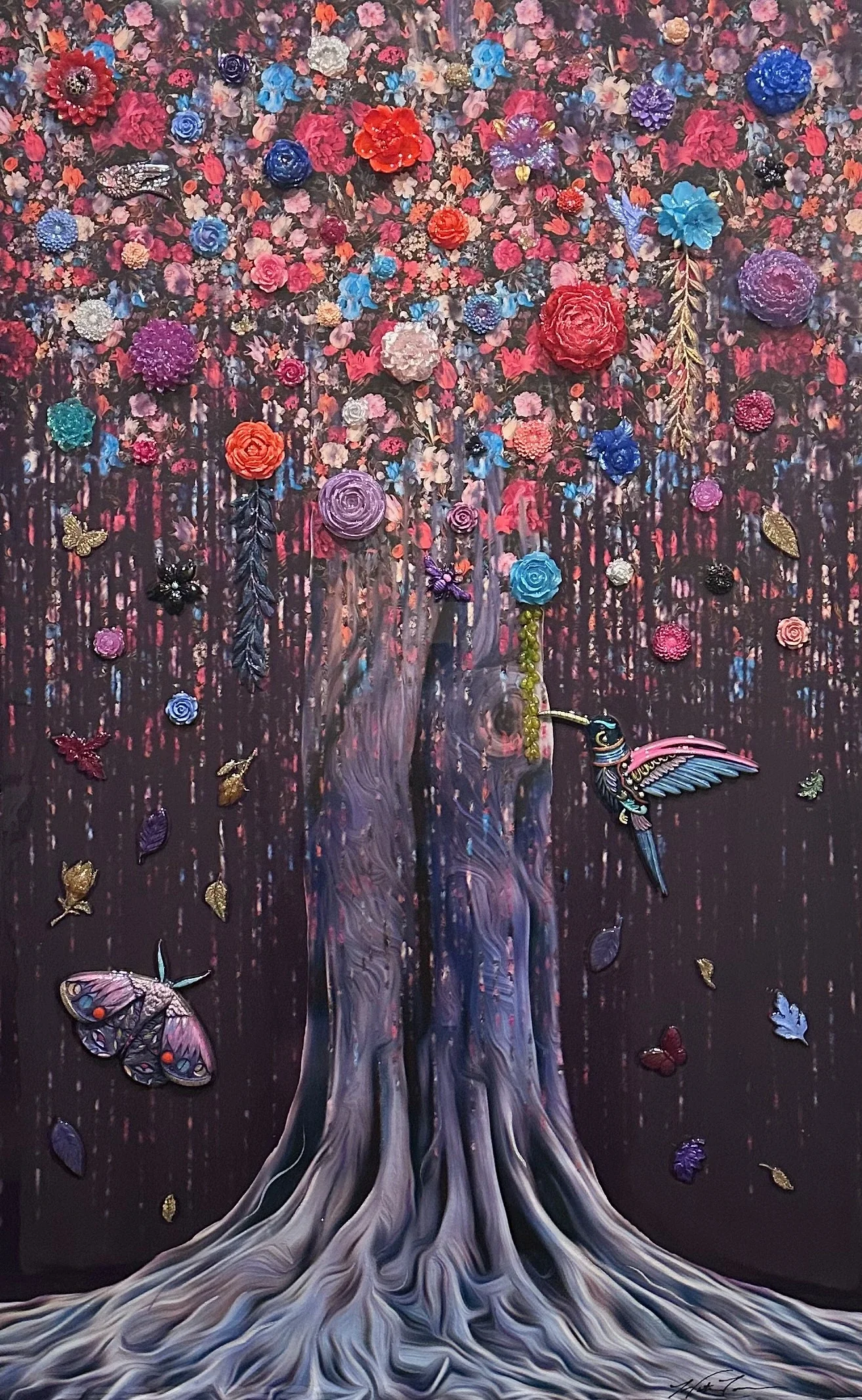 Sanctuary is a 48 × 30 × 1.5-inch commissioned acrylic painting by Dallas-based contemporary artist Hunter Connor. A cascading abstract tree and luminous color create a meditative vertical composition exploring peace, balance, refuge and spiritual re