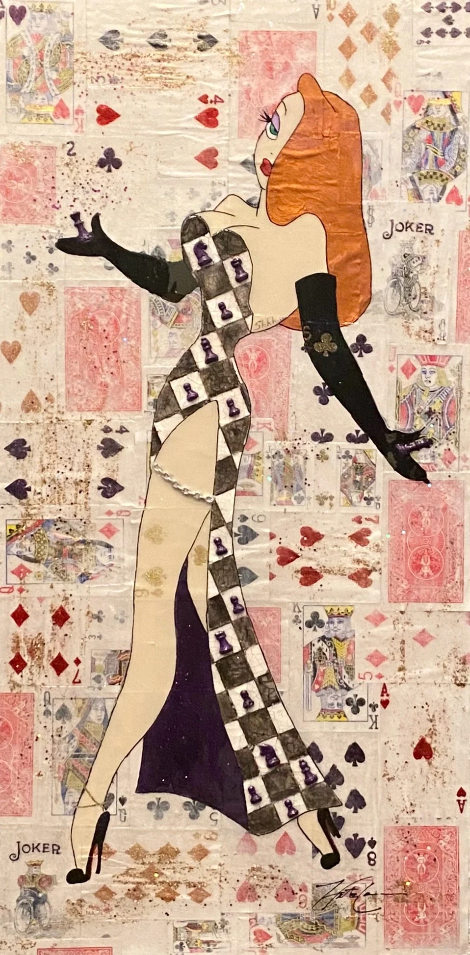 Checkmate — 30 × 20 inches. This original mixed-media pop artwork transforms chess into a vibrant study of strategy, competition and confidence. Hunter Connor combines bold contrast, playful imagery and layered textures to create contemporary stateme