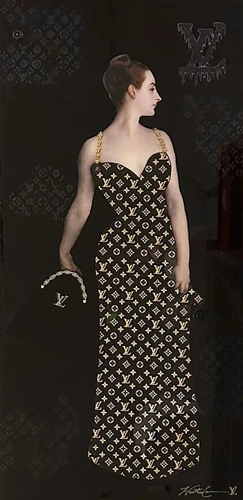 Madame LV is a 40 × 30-inch original mixed-media artwork that brings classical portraiture into the world of contemporary luxury. Hunter Connor combines vintage glamour, Louis Vuitton-inspired symbolism and layered collage to explore status, feminini