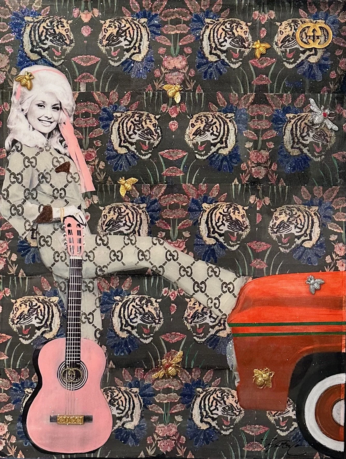 9-5 is a 40 × 30-inch original mixed-media artwork inspired by Dolly Parton and her iconic working-woman anthem. Hunter Connor blends retro imagery, layered textures and Gucci-inspired patterns to create a playful collision of country music nostalgia