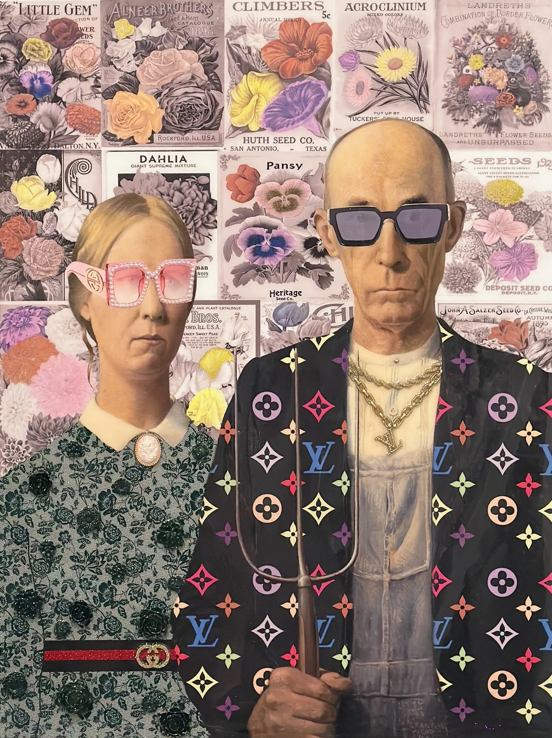 A collage featuring two wax figures, a woman and a man, in front of a background of vintage seed packet illustrations with colorful flowers. The woman has blonde hair, pink and rhinestone sunglasses, and wears a floral patterned dress with a brooch. The man is bald, wears large black sunglasses, a patterned blazer with Louis Vuitton motifs, and numerous gold chains. He's holding a vintage stethoscope.