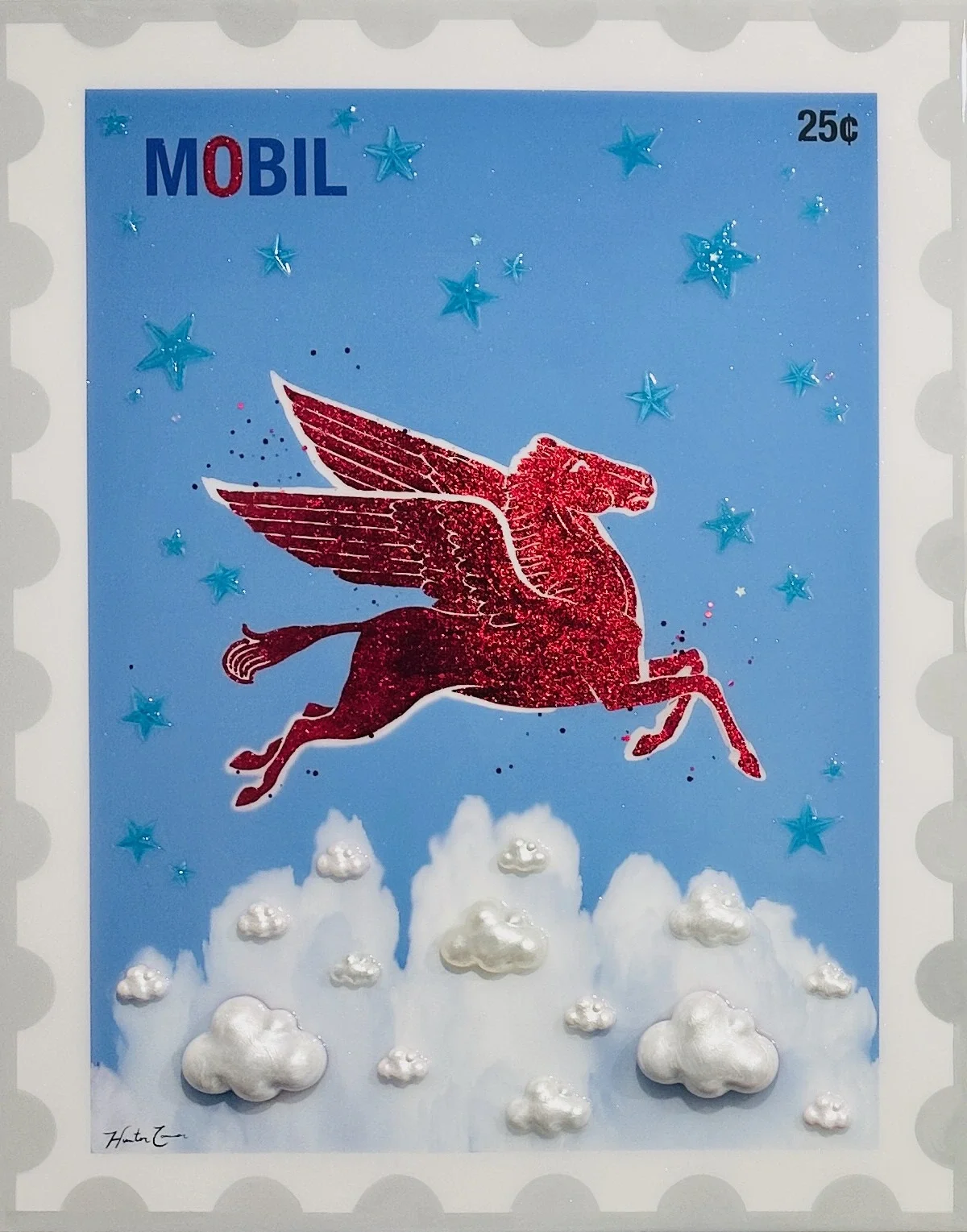 Flying Mobil is a 24 × 36-inch original mixed-media artwork by Dallas-based contemporary artist Hunter Connor. Inspired by the historic Mobil Pegasus, Connor combines vintage advertising imagery, layered collage and surreal movement to create a nosta