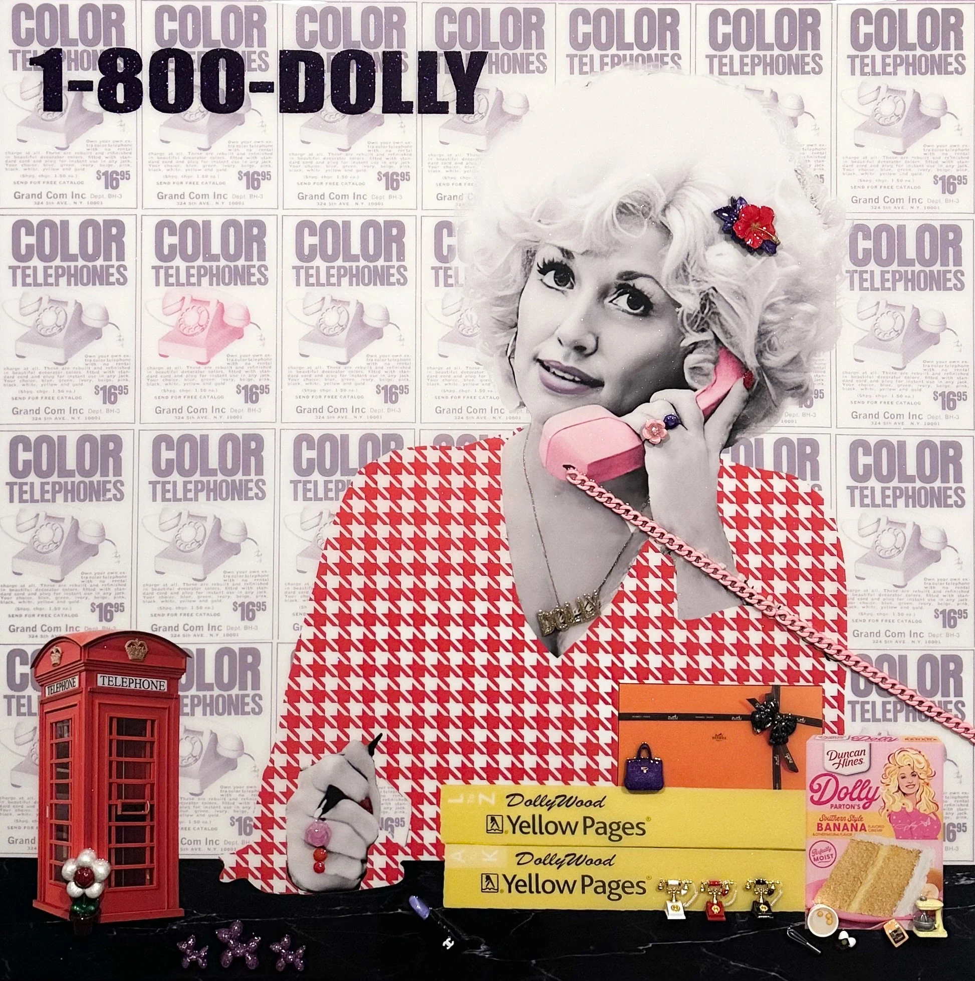 1-800-Dolly is a 40 × 30-inch original mixed-media portrait inspired by country music legend Dolly Parton. Hunter Connor layers vibrant pinks, playful typography and Americana imagery to celebrate Dolly’s Southern charm, glamorous style, musical care